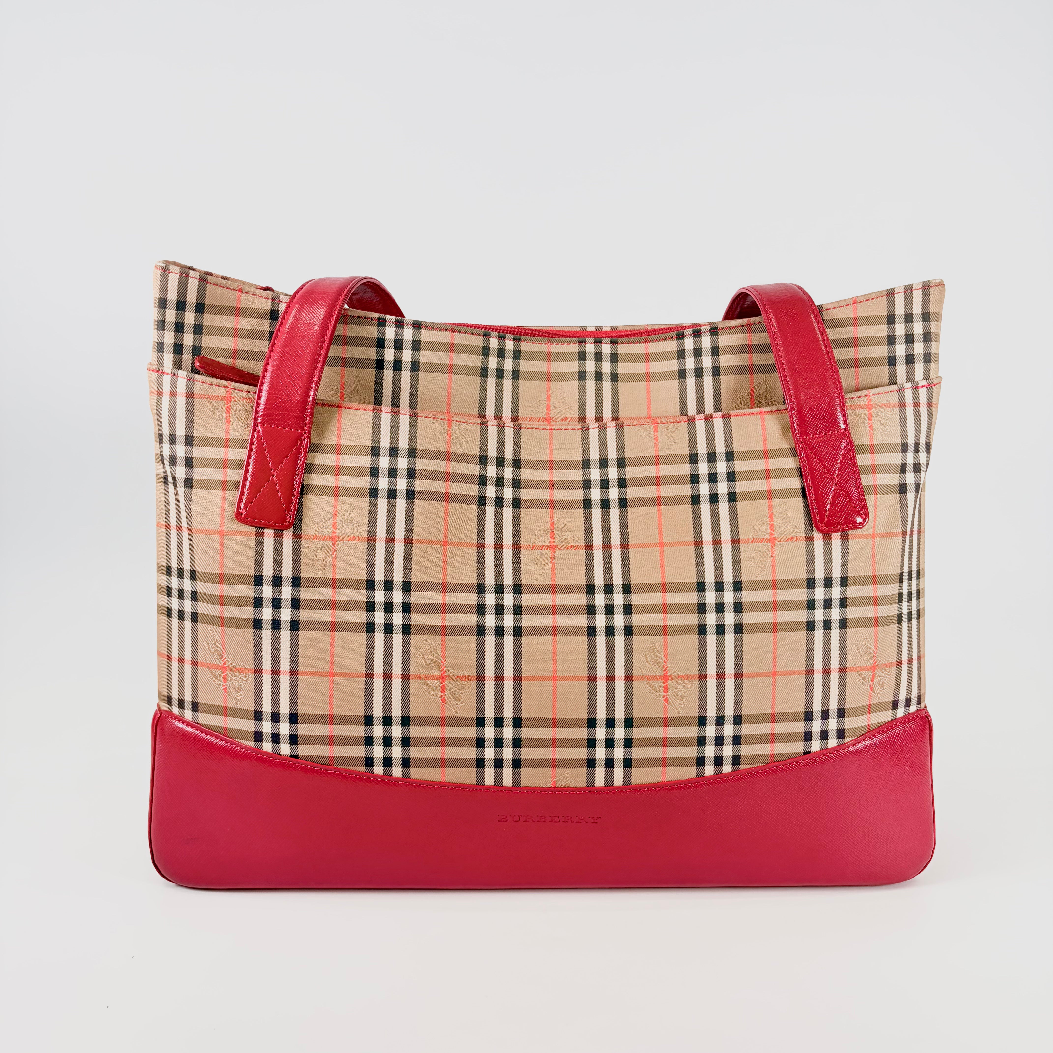 2605 secondhand BURBERRY shadow hose check Tote Bag Red