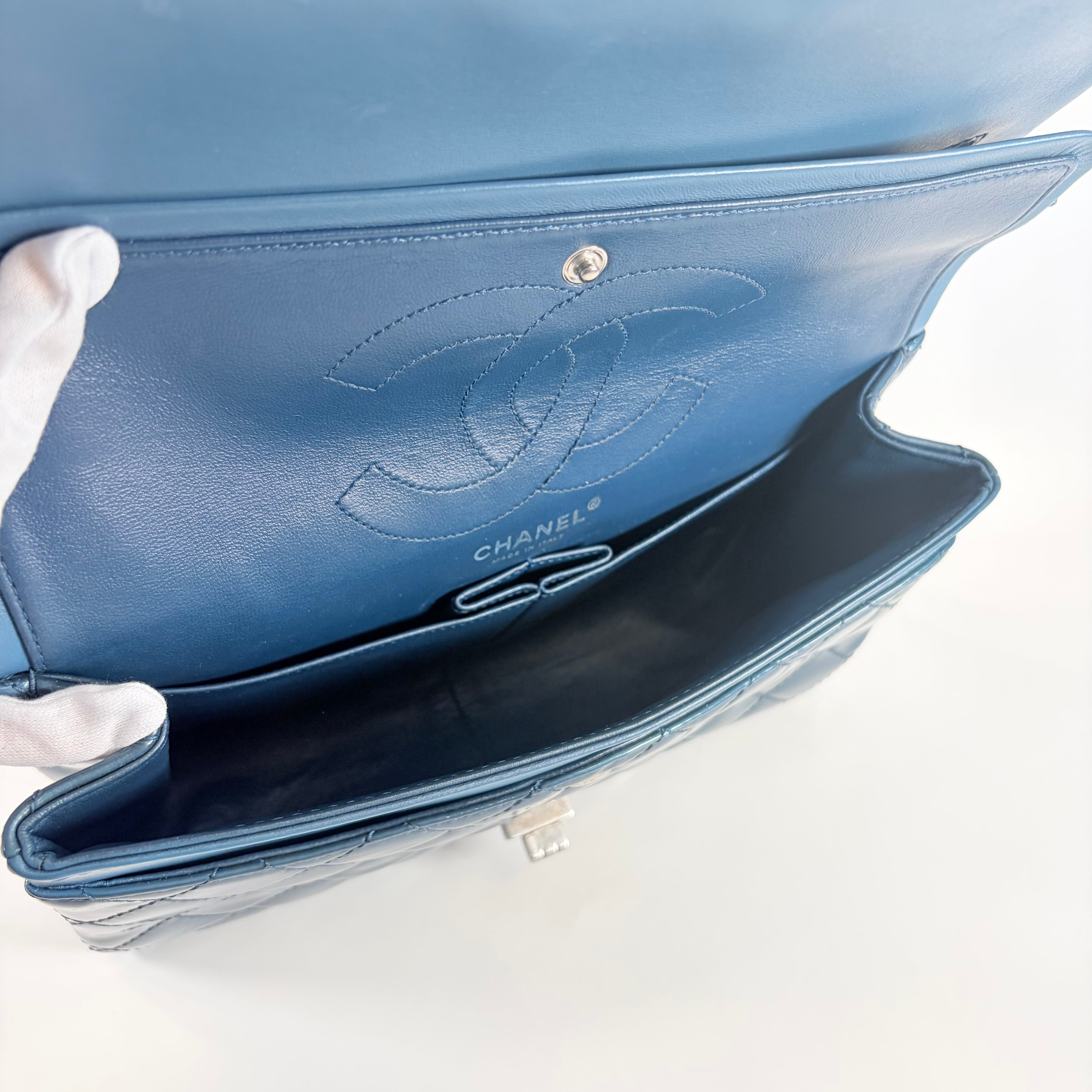 2606 secondhand CHANEL Matelasse 2.55 Large Patent Leather Double Flap double Chain Bag blue gun metallic metal fittings 15441641 15 A37587