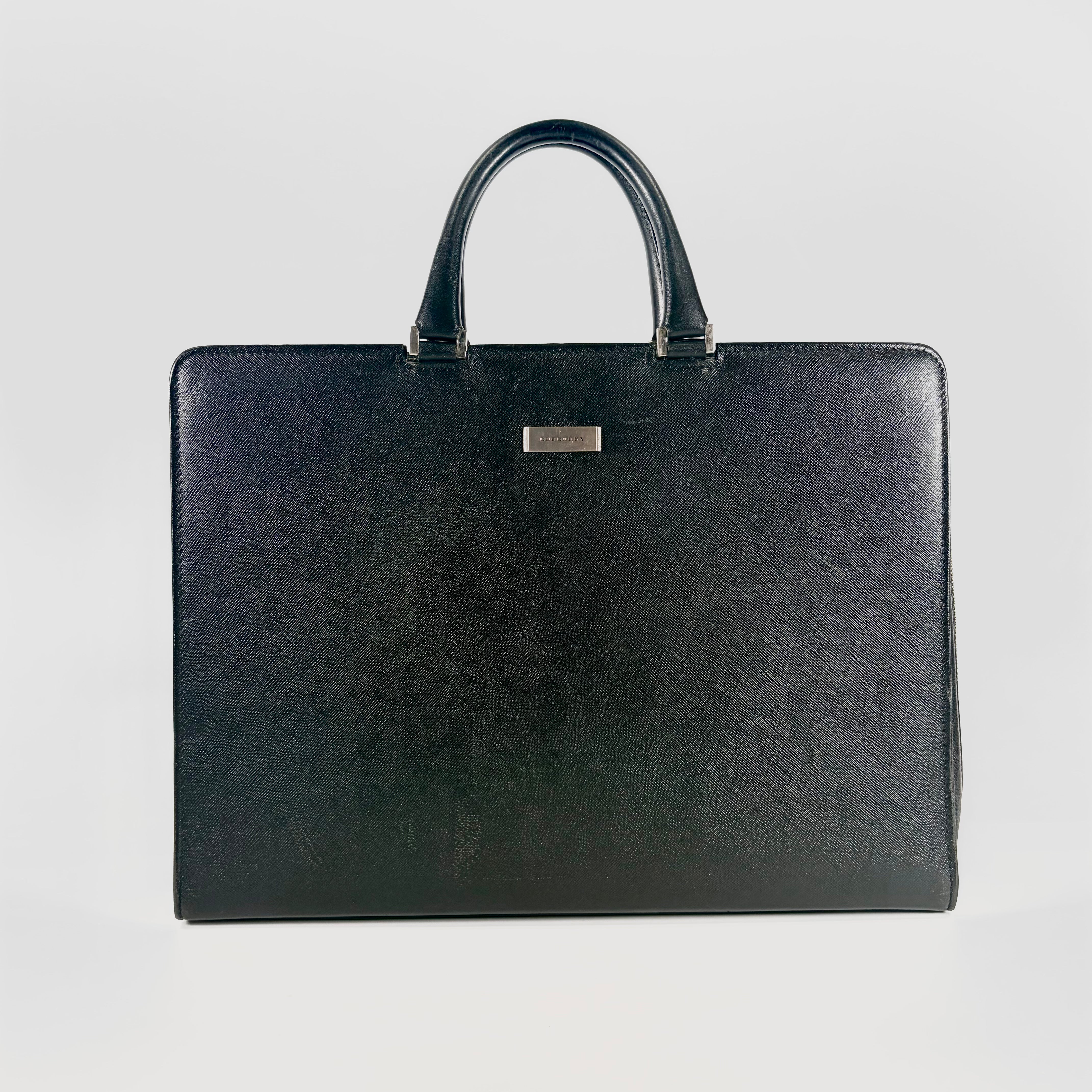 2606 secondhand Burberry Saffiano Leather Briefcase Black Bag