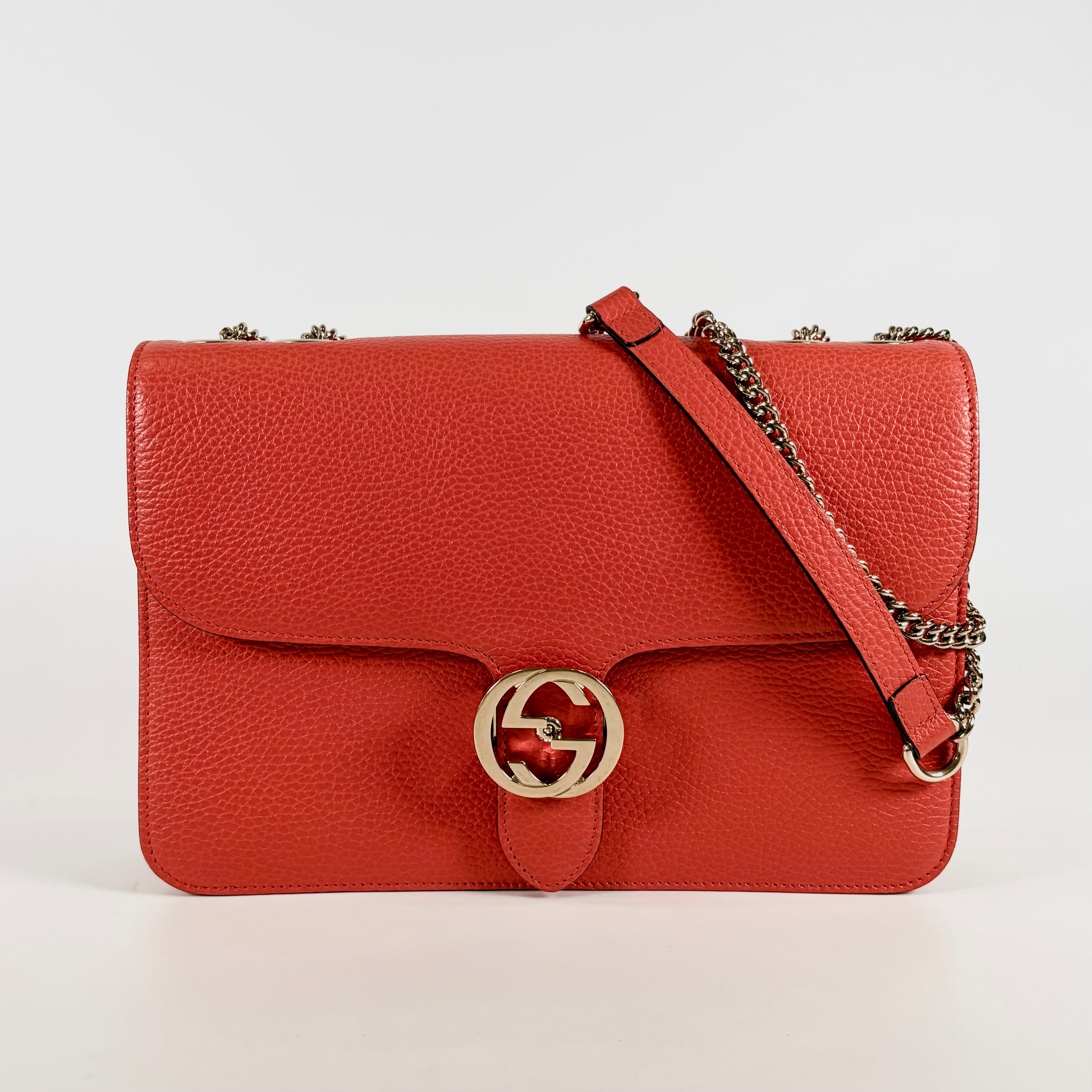 2607 secondhand GUCCI Chain Shoulder Bag Interlocking G Orange Leather