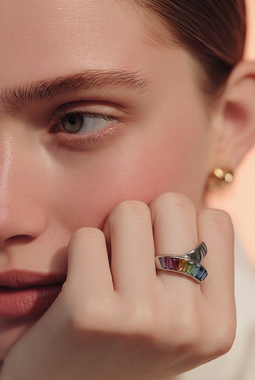 2606 secondhand K18WG ring Multicolor Stone Total 5.0g #15