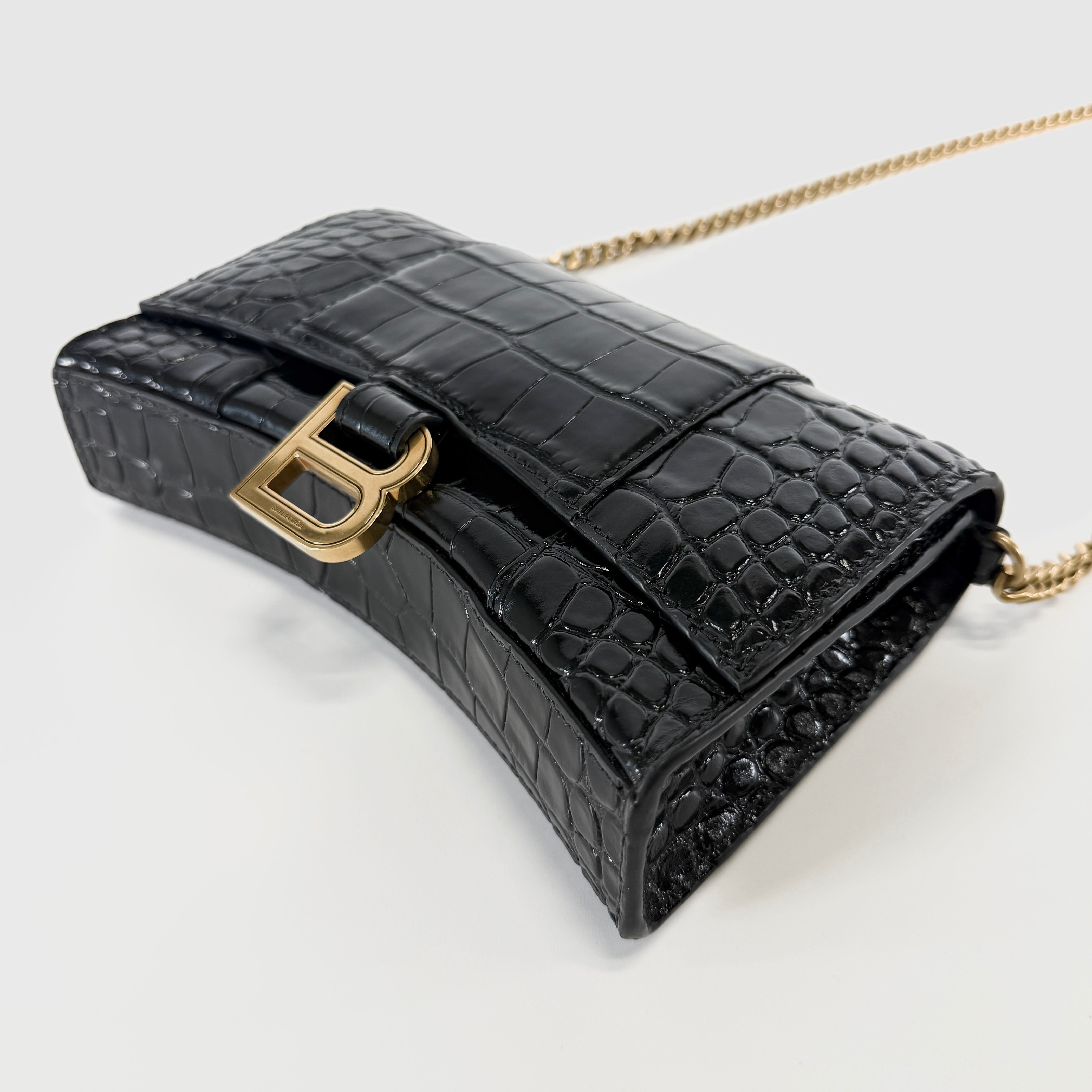 2607 secondhand BALENCIAGA Hourglass Crocodile Embossed Chain Wallet black 656050
