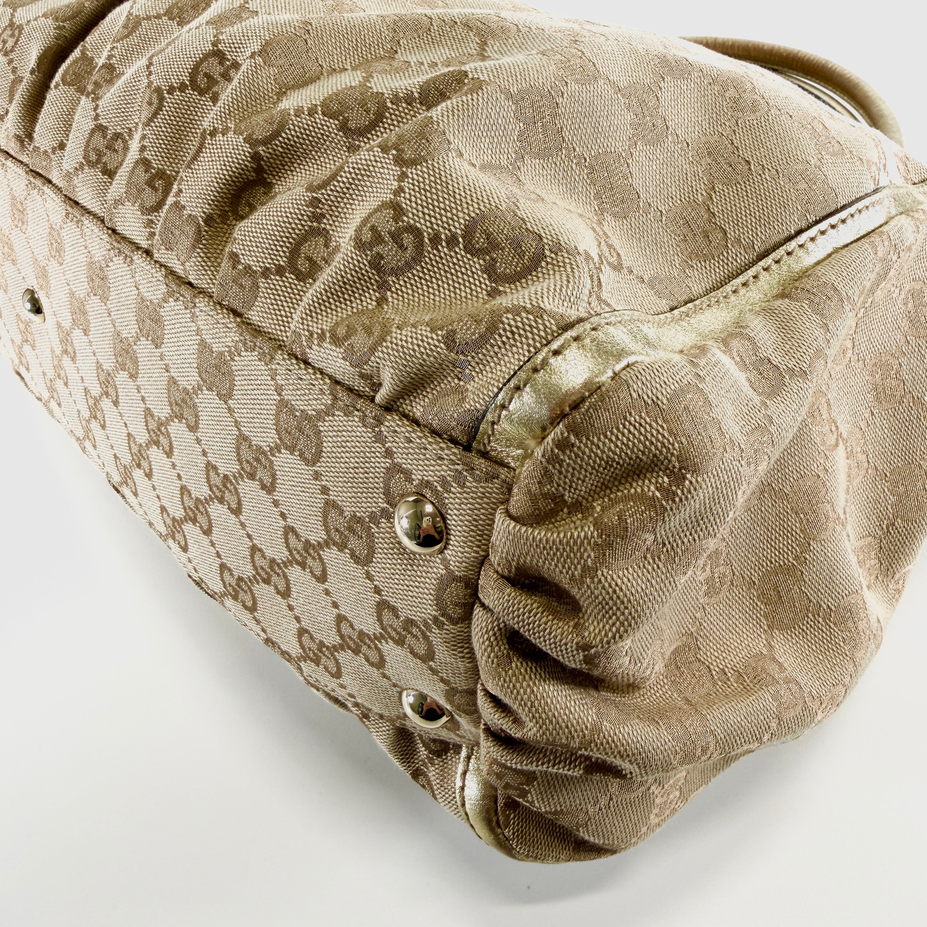2606 secondhand GUCCI GG canvas Abby leather Tote Bag beige gold