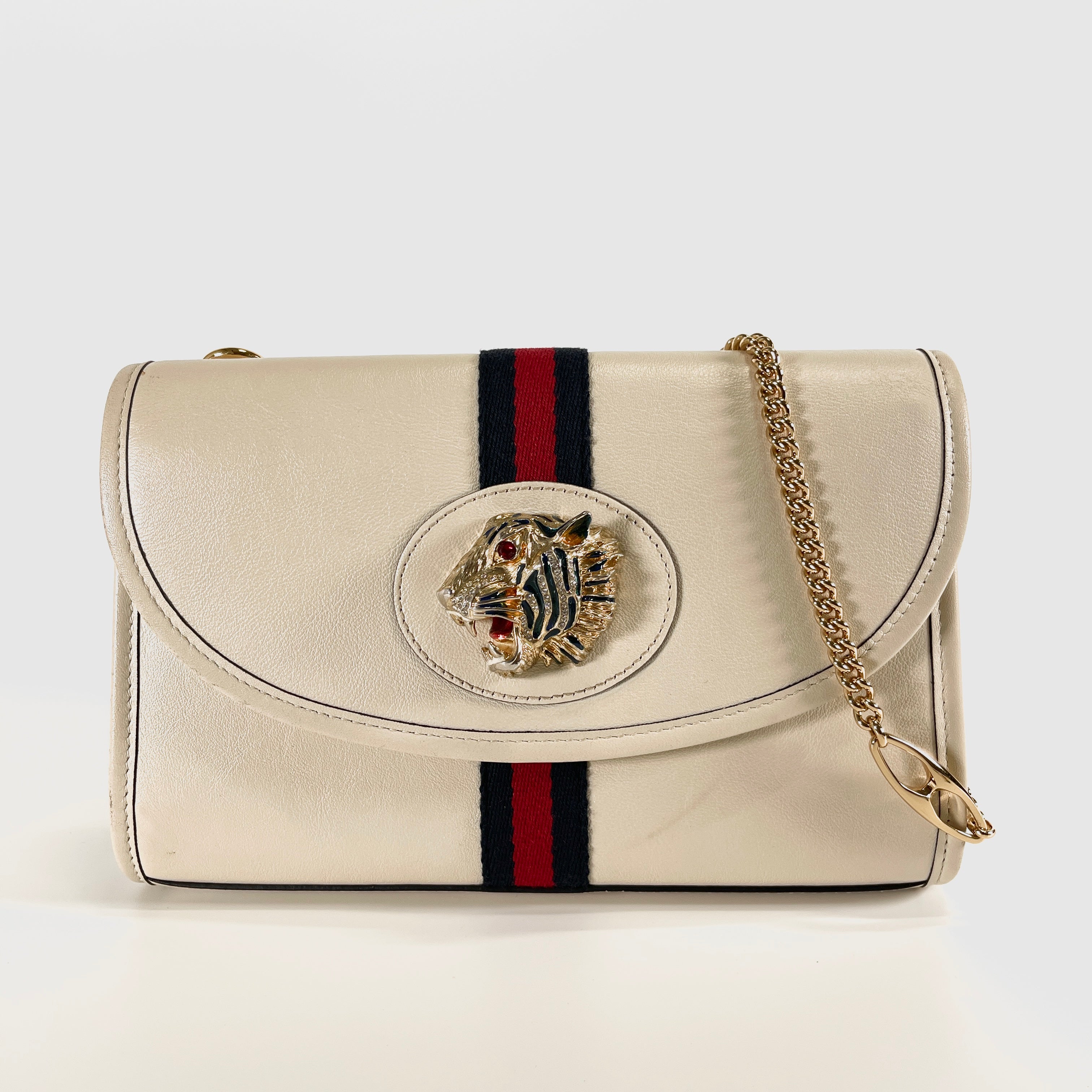 2605 secondhand GUCCI Tiger Head leather Chain Shoulder Bag white 570145