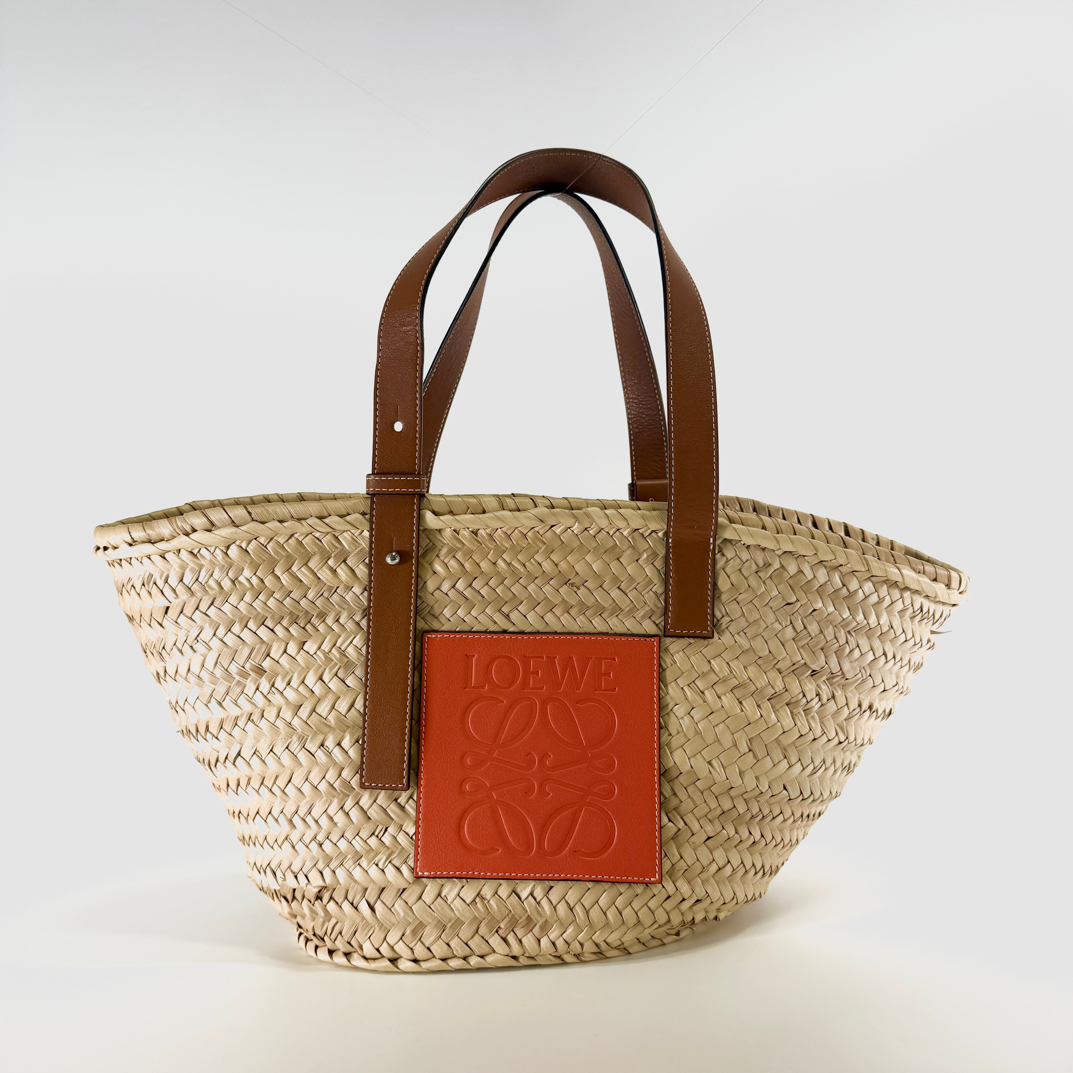 2607 secondhand LOEWE basket medium raffia × leather basket bag beige orange