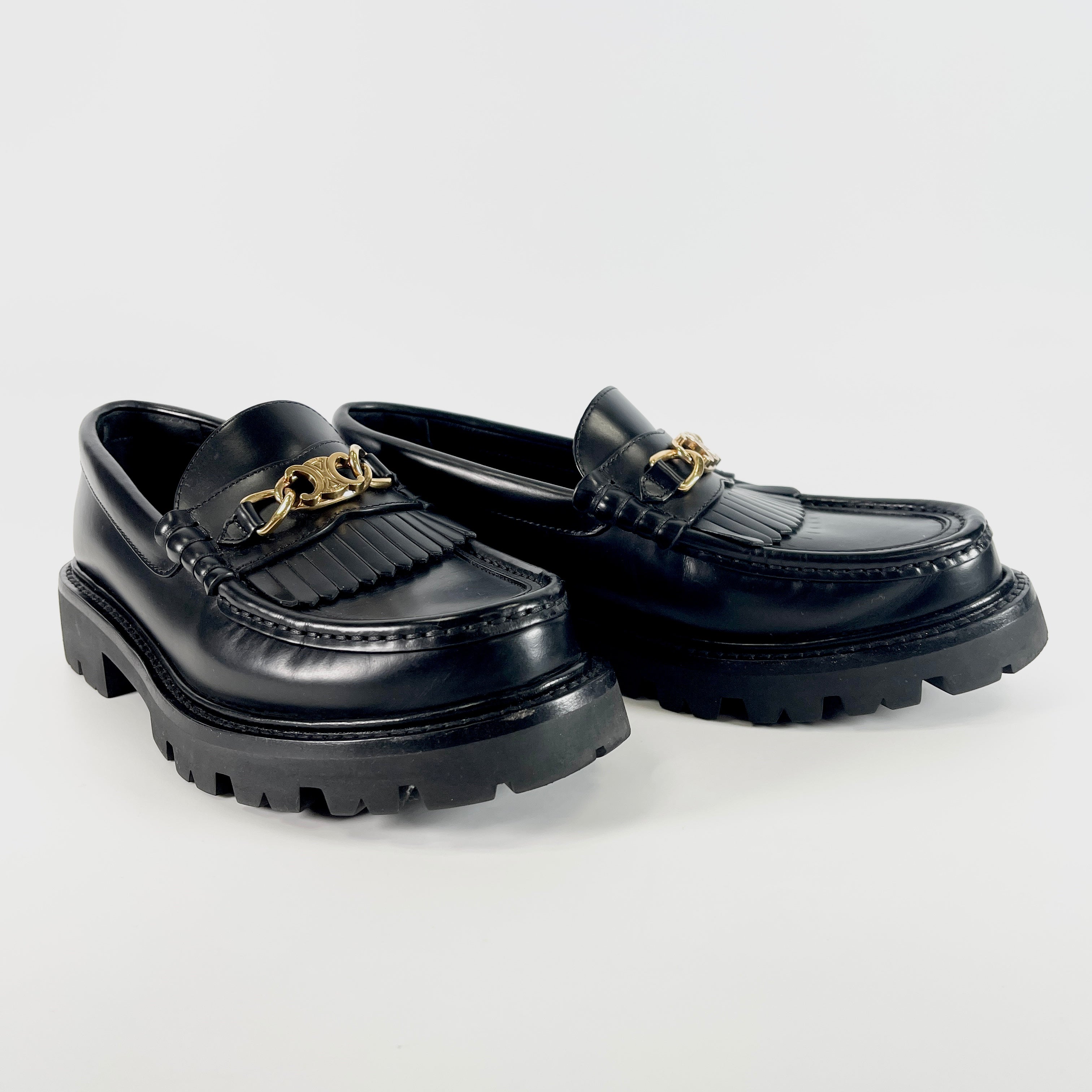 2604 secondhand CELINE Galle De leather Loafers 36 Women's black DE1202 Triomphe chain fringe rubber insole