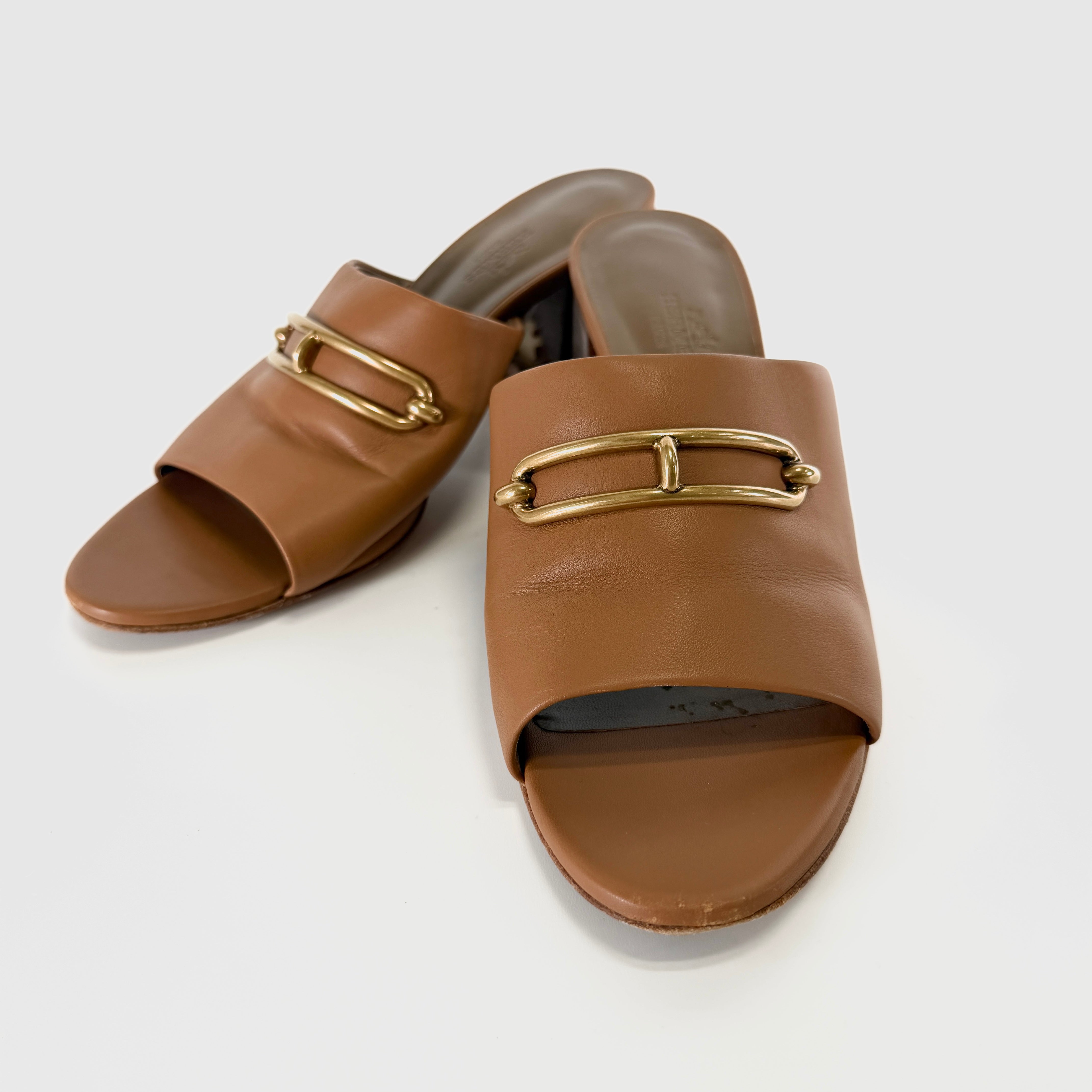 2607 secondhand HERMES Mira leather Sandals 37 Women's Brown CM211043Z buckle heel Torn