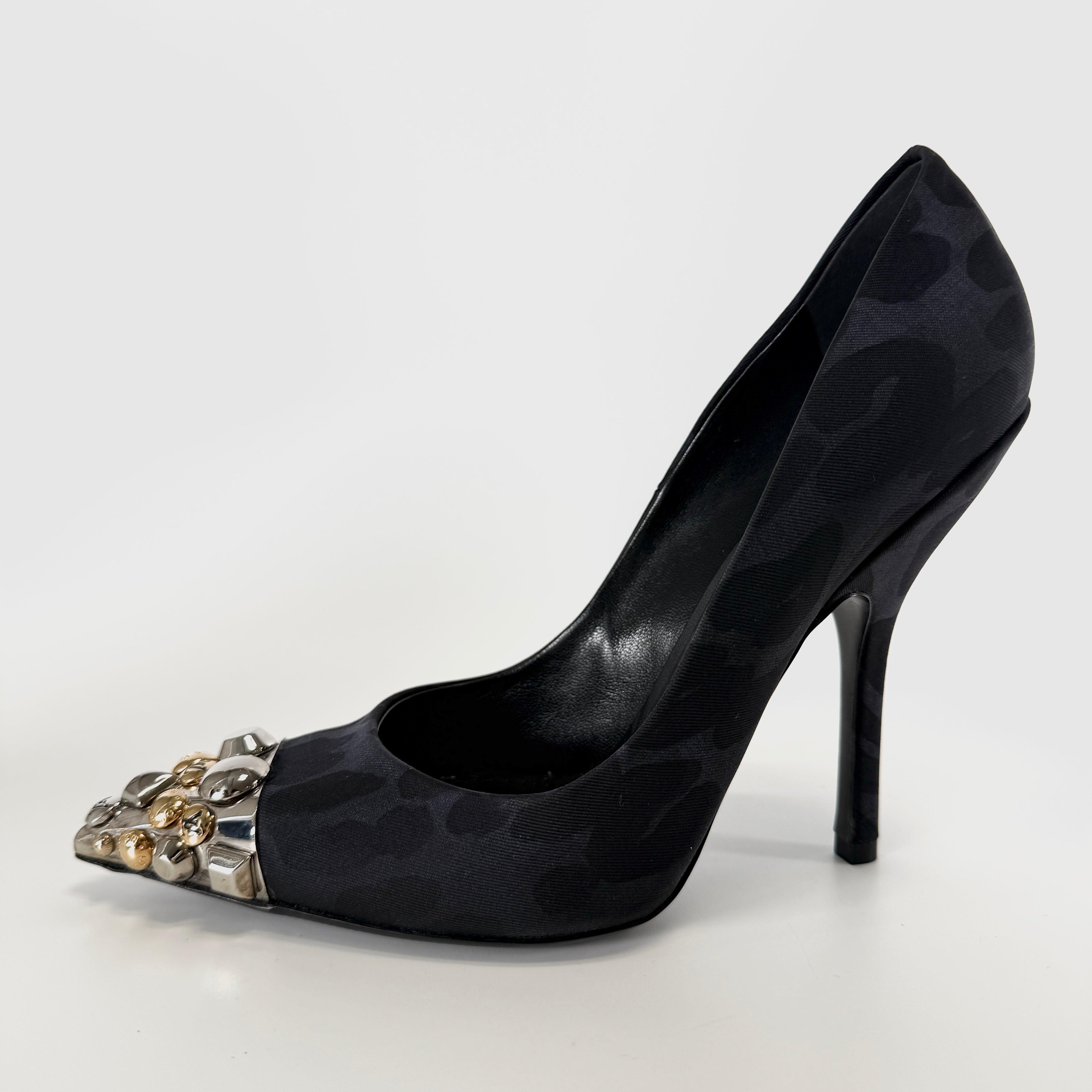2607 secondhand LV 12 year fabric pumps 37 1/2 Women's Navy × black MA0142 Leopard Pattern studs metal