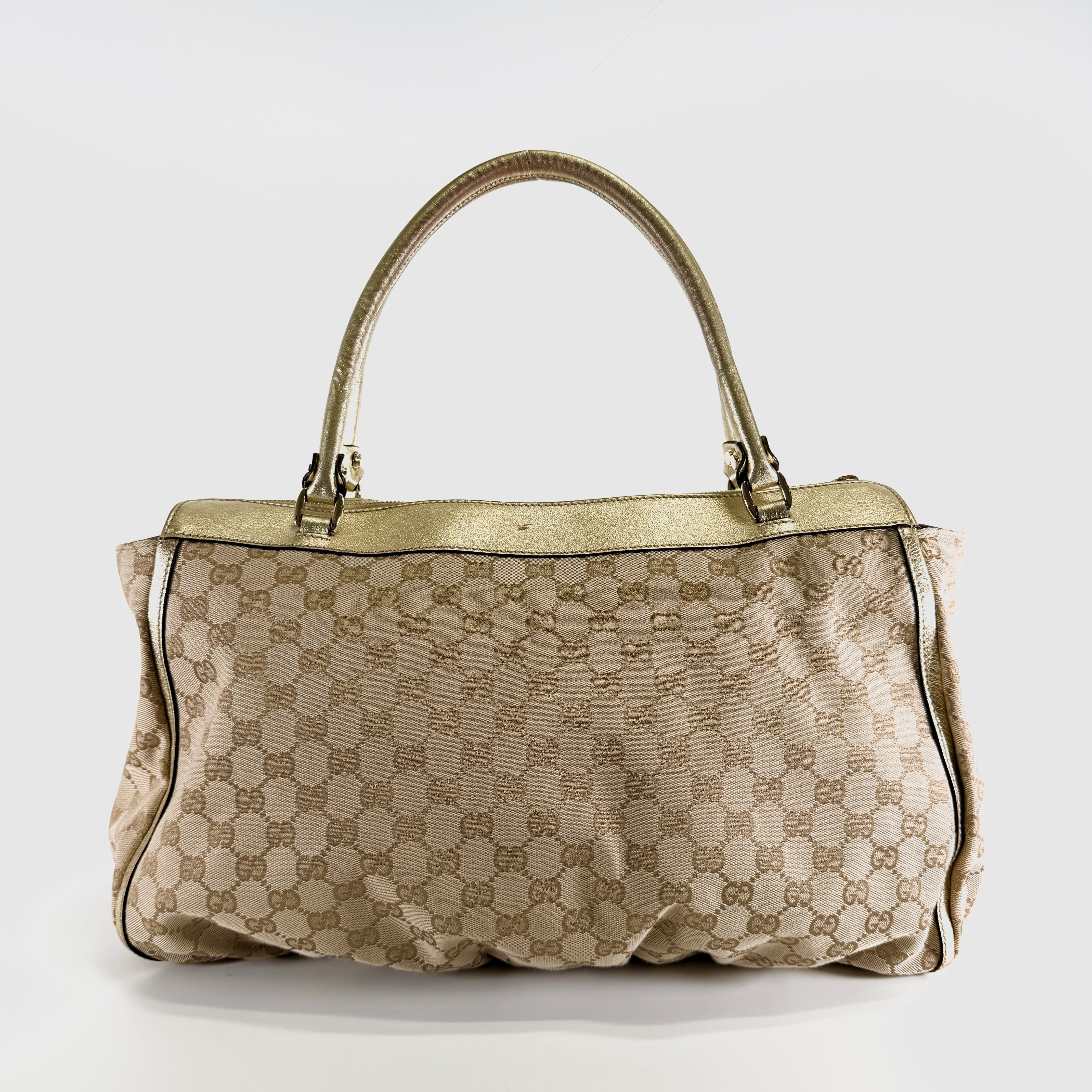 2606 secondhand GUCCI GG canvas Abby leather Tote Bag beige gold