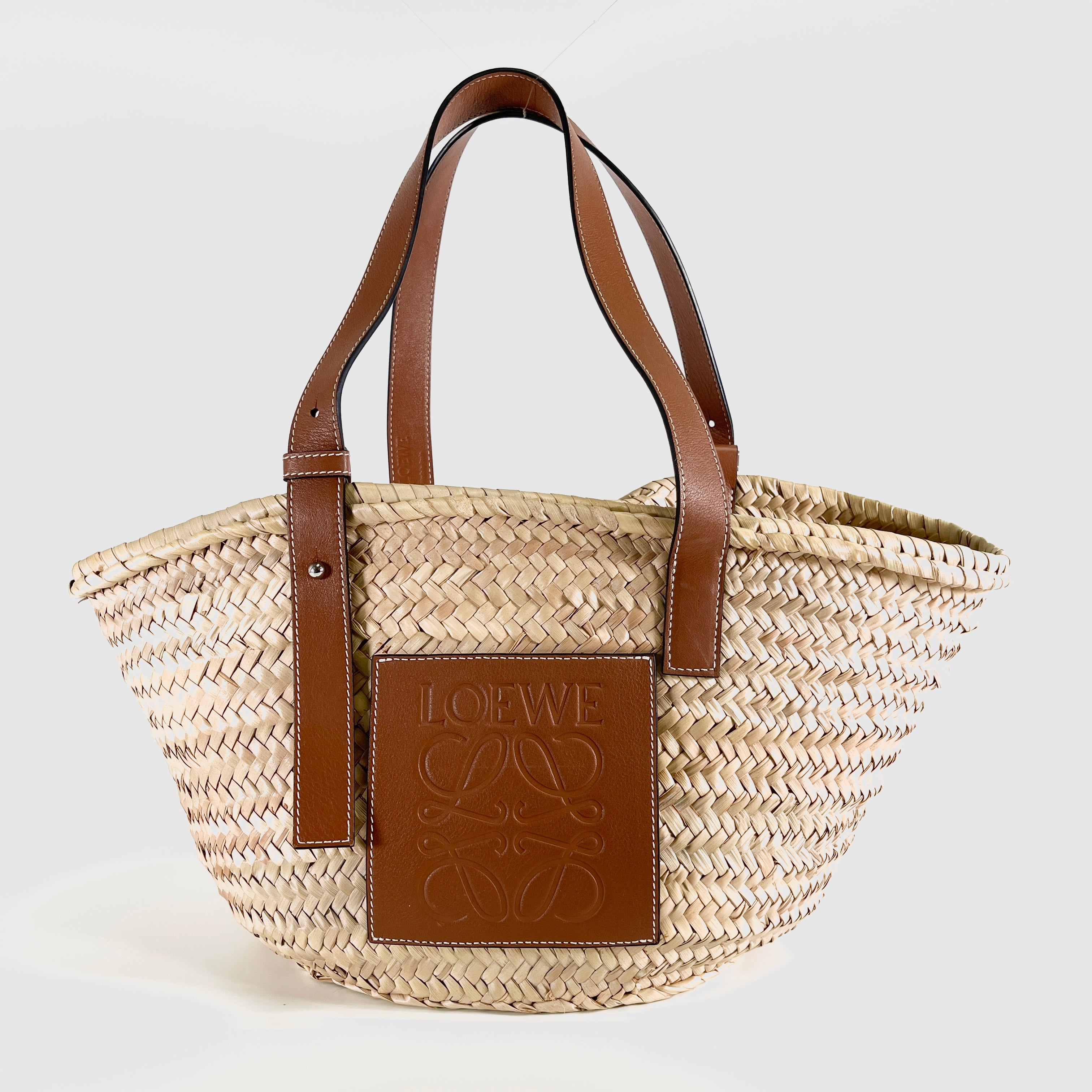 2605 secondhand LOEWE Large Basket raffia x leather basket bag beige Brown