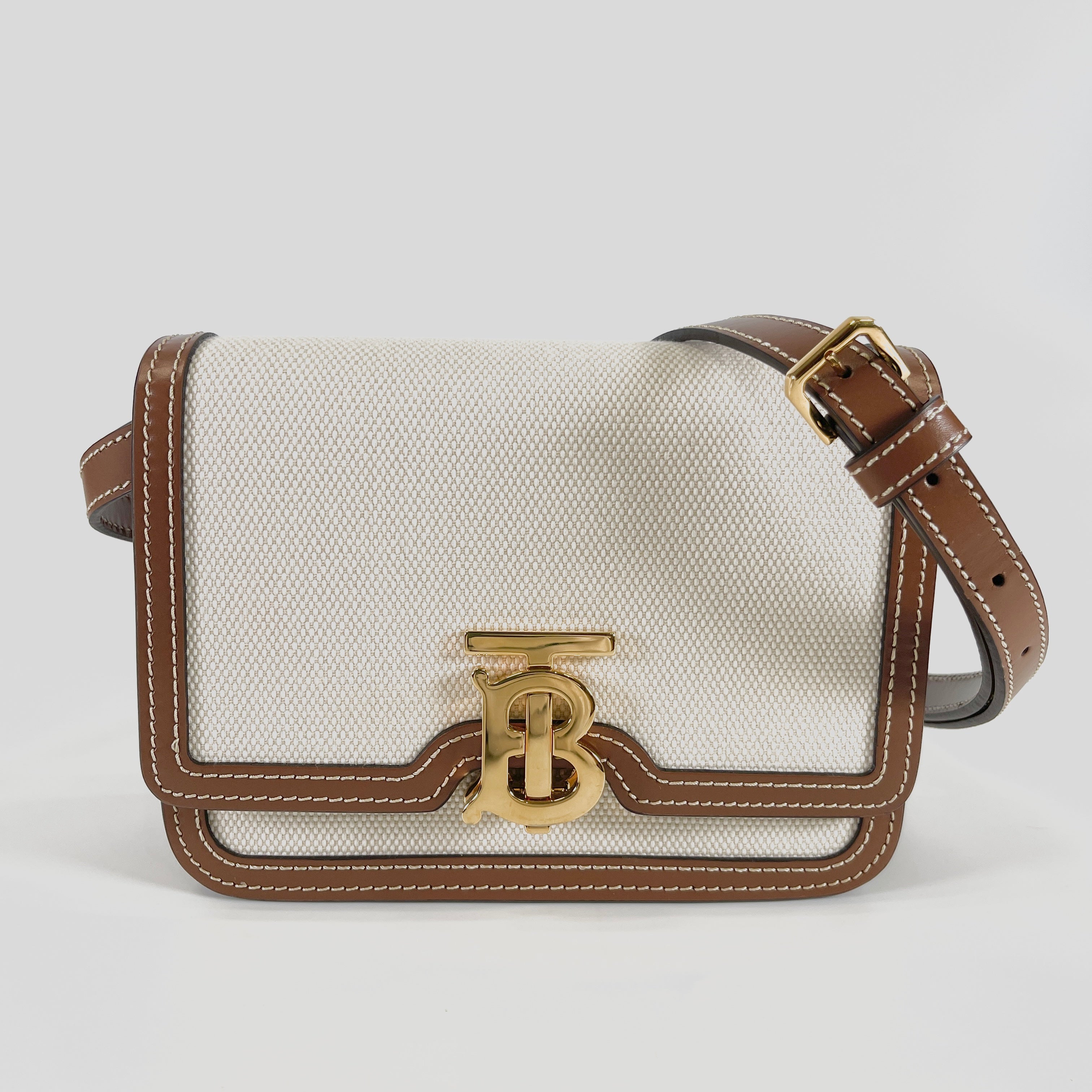 BURBERRY Small Two-Tone Canvas and Leather TB Bag