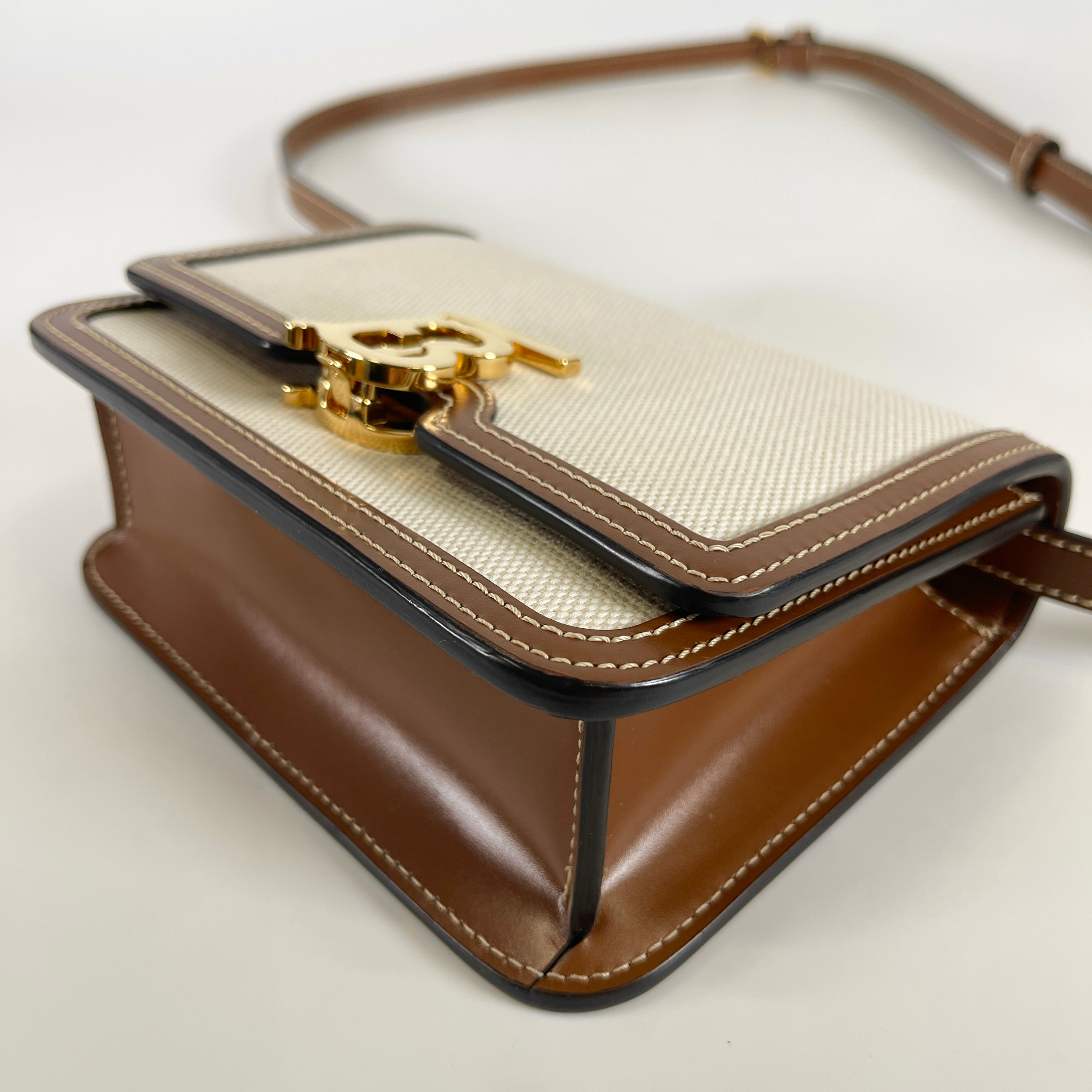 BURBERRY Small Two-Tone Canvas and Leather TB Bag