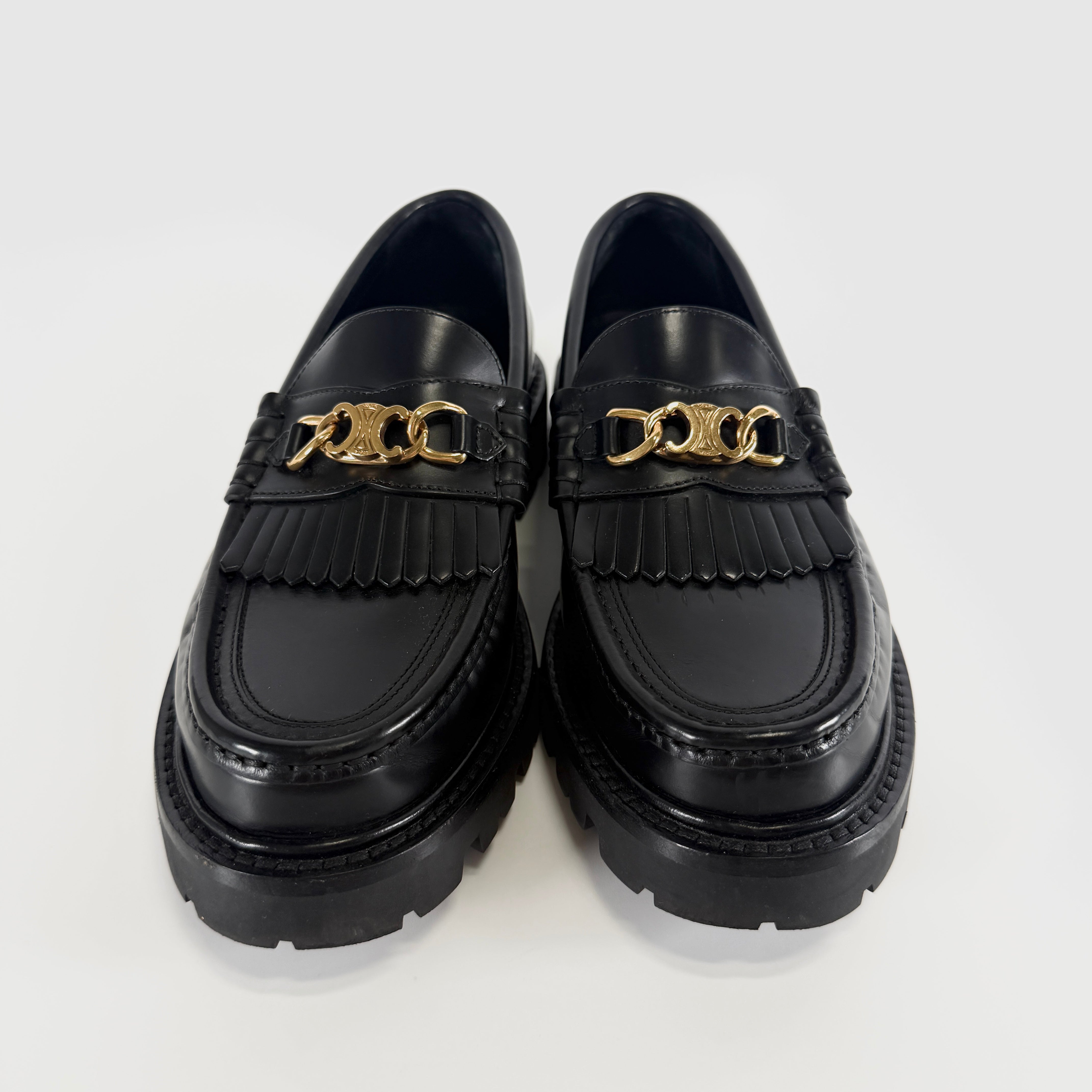2604 secondhand CELINE Galle De leather Loafers 36 Women's black DE1202 Triomphe chain fringe rubber insole