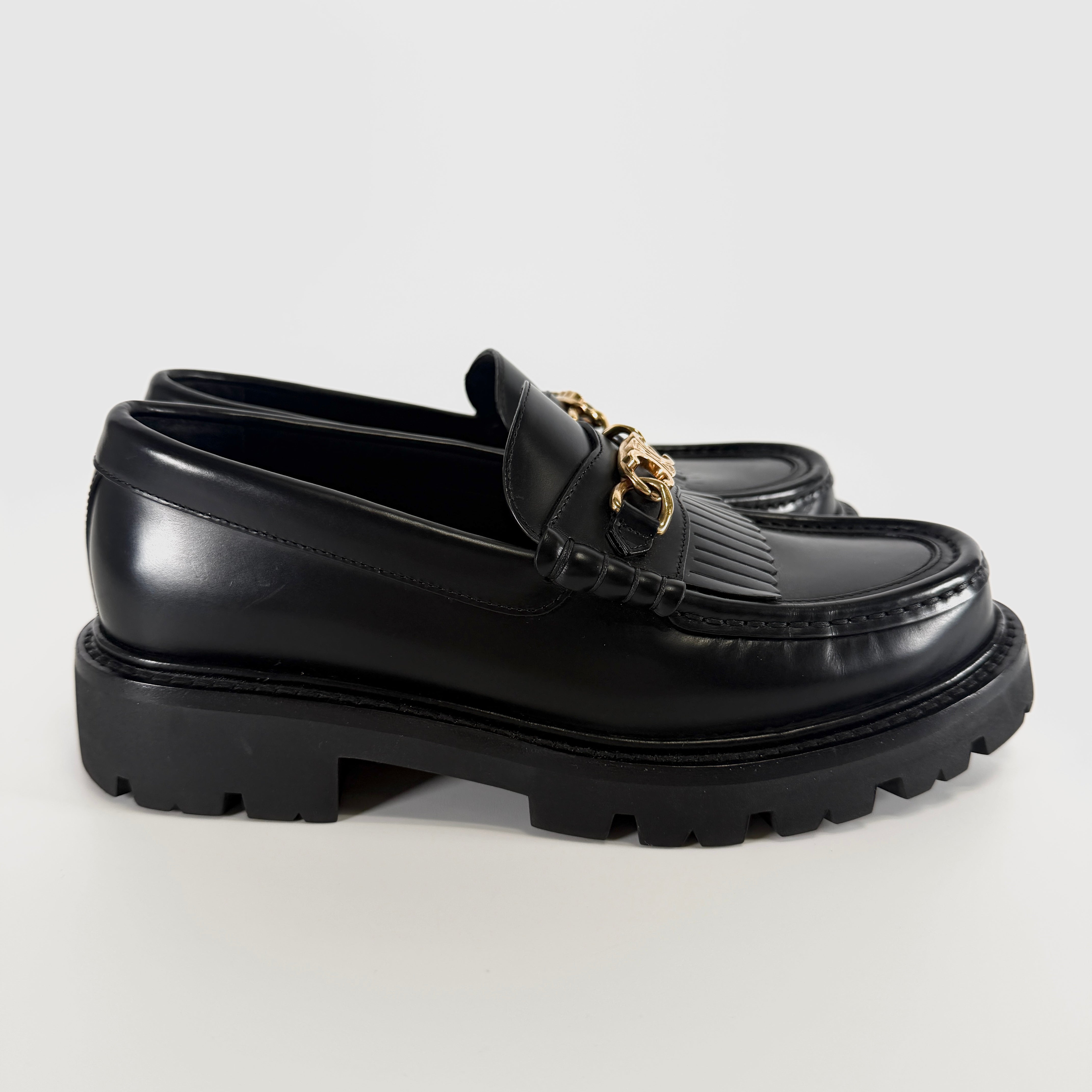 2604 secondhand CELINE Galle De leather Loafers 36 Women's black DE1202 Triomphe chain fringe rubber insole