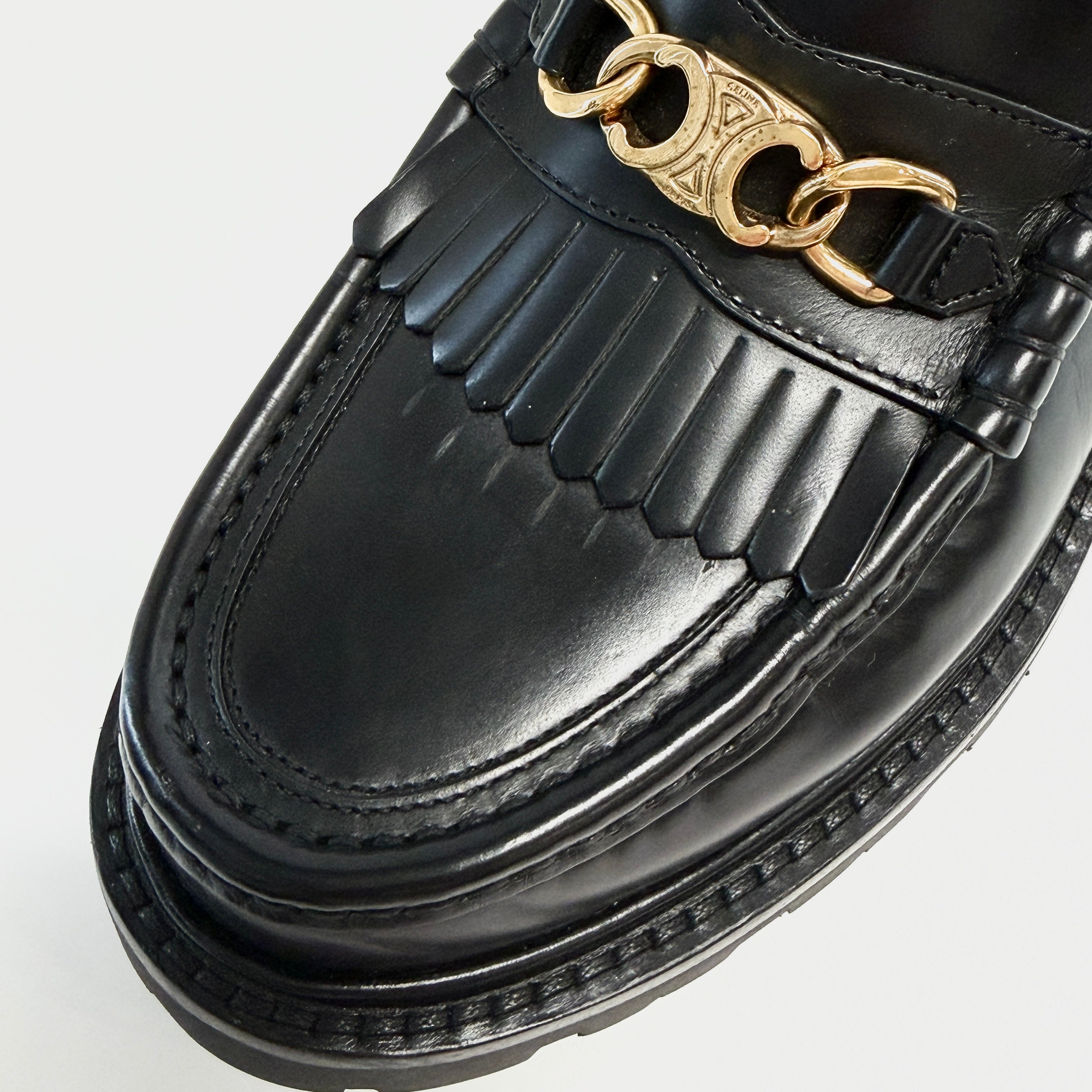 2604 secondhand CELINE Galle De leather Loafers 36 Women's black DE1202 Triomphe chain fringe rubber insole