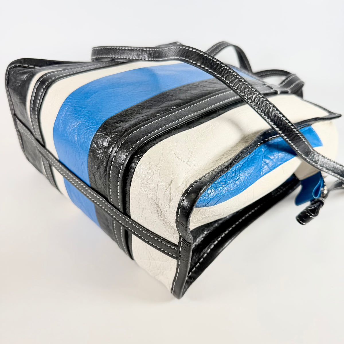 2608 secondhand BALENCIAGA Bazaar 2WAY Shopper leather white blue black