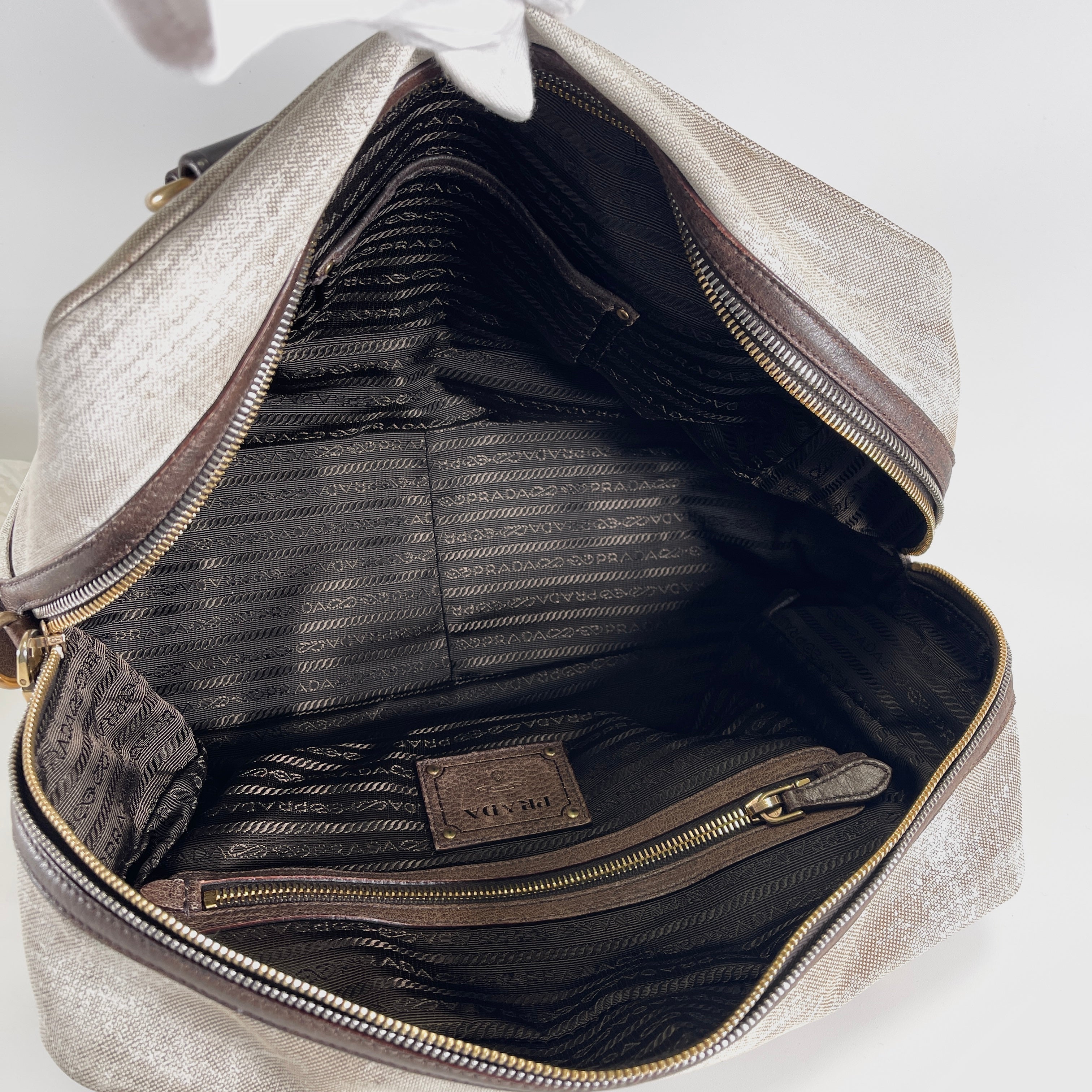 2604 secondhand PRADA Boston bag canvas white Brown