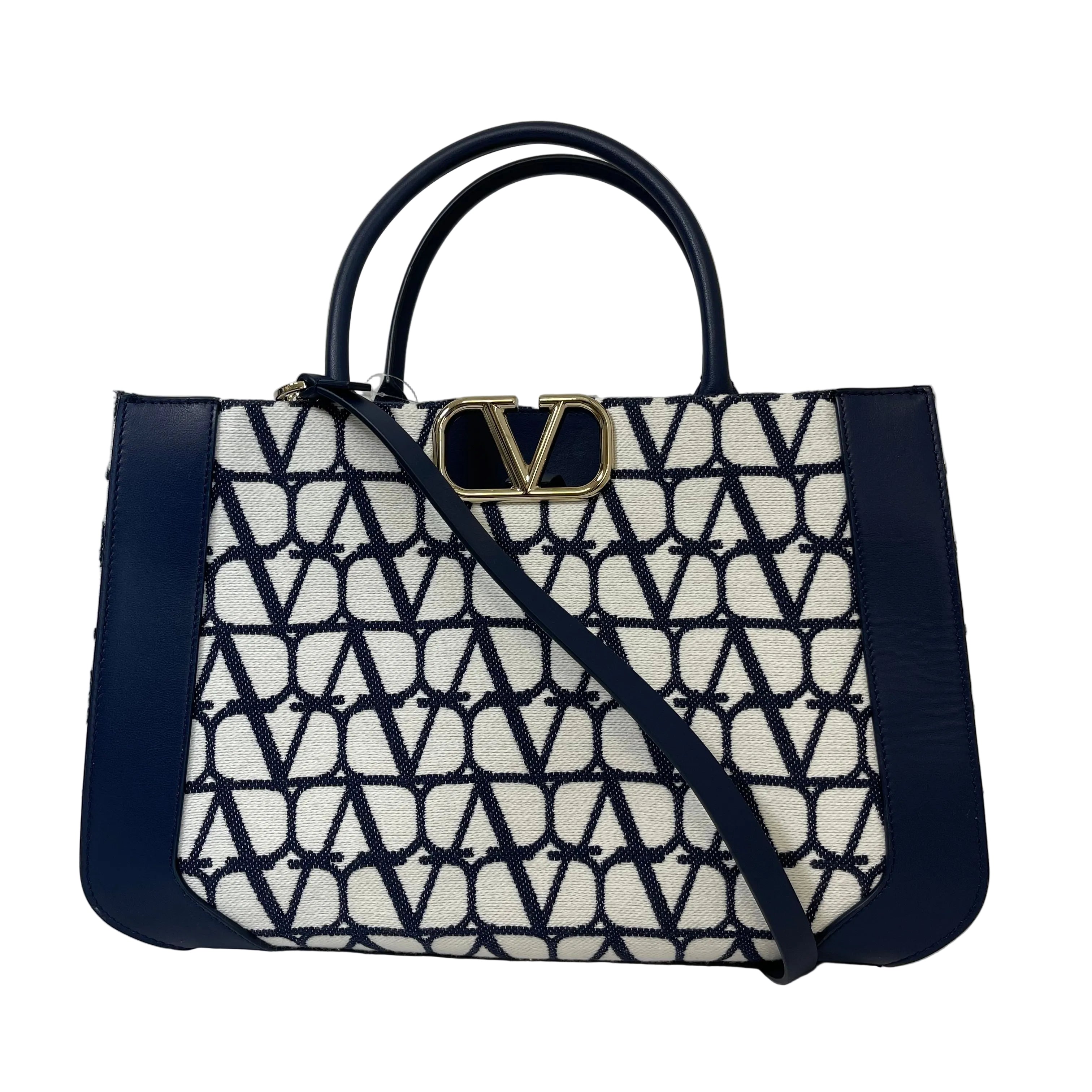 2510 VALENTINO Valentino Garavani V Logo Toile Iconograph Canvas Leather 2-Way Handbag Navy