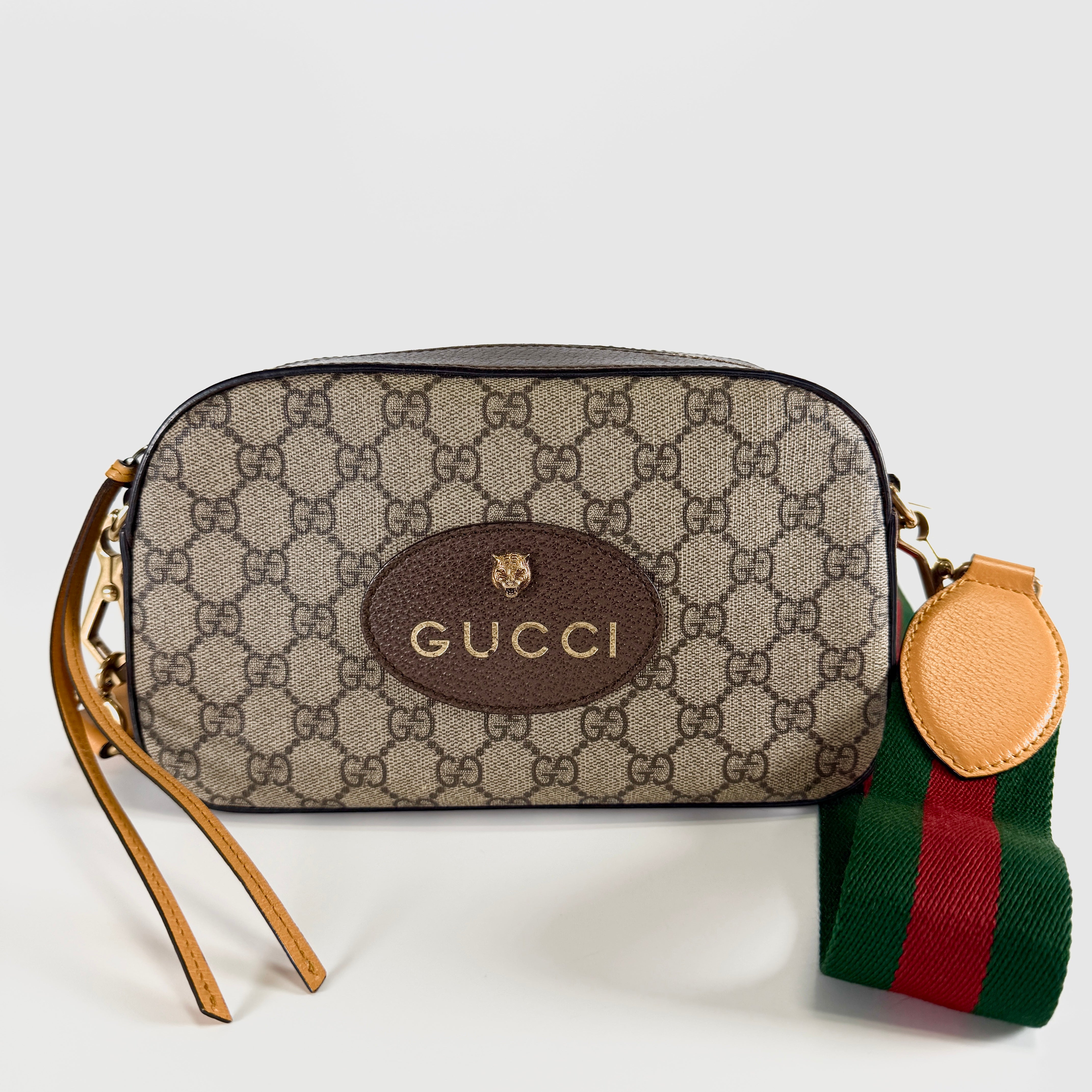 2607 secondhand GUCCI GG Supreme Tiger Head PVC× leather Shoulder bag Brown 476466