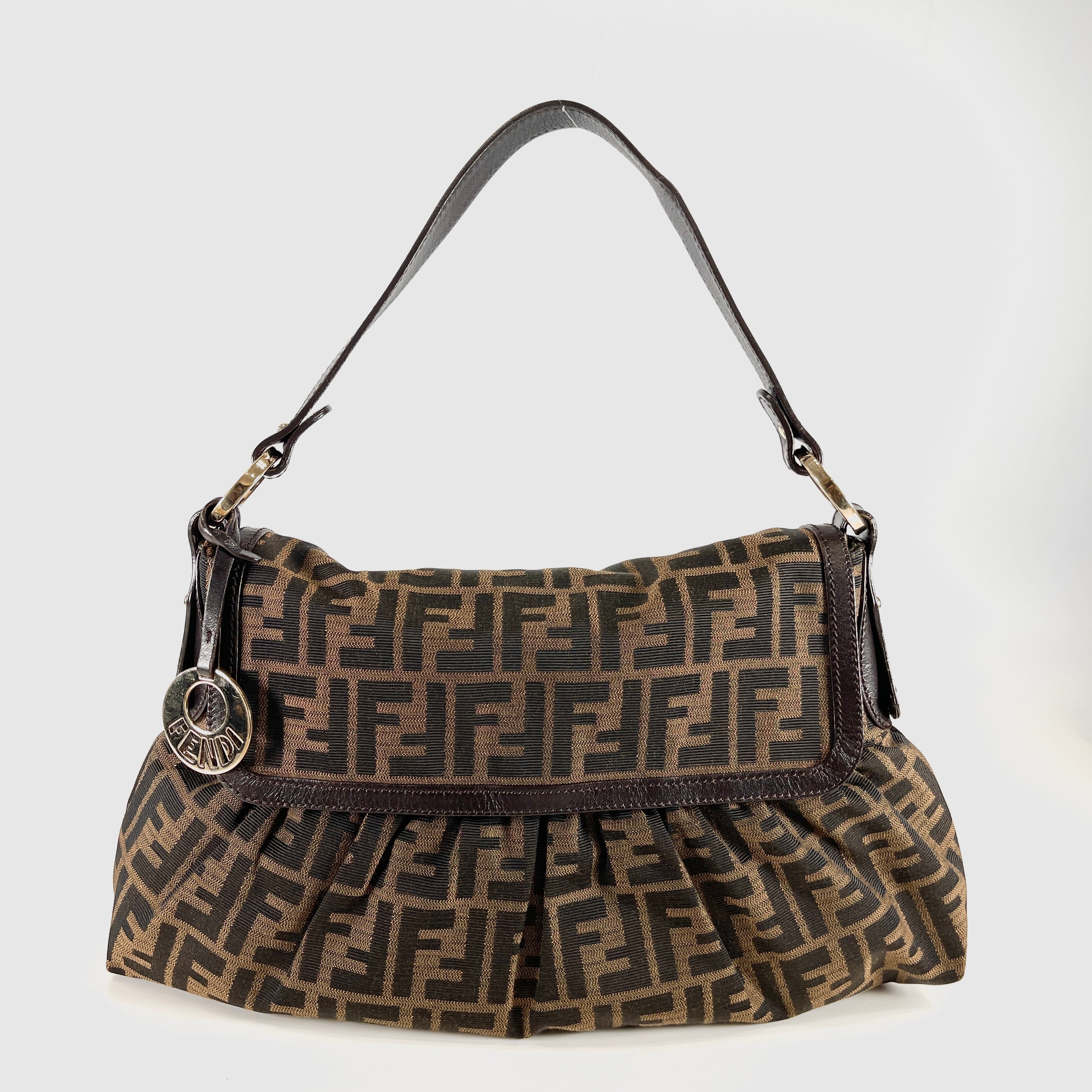 FENDI Zucca Chef Shoulder Bag Brown FF Monogram Canvas Gold Hardware Pleated