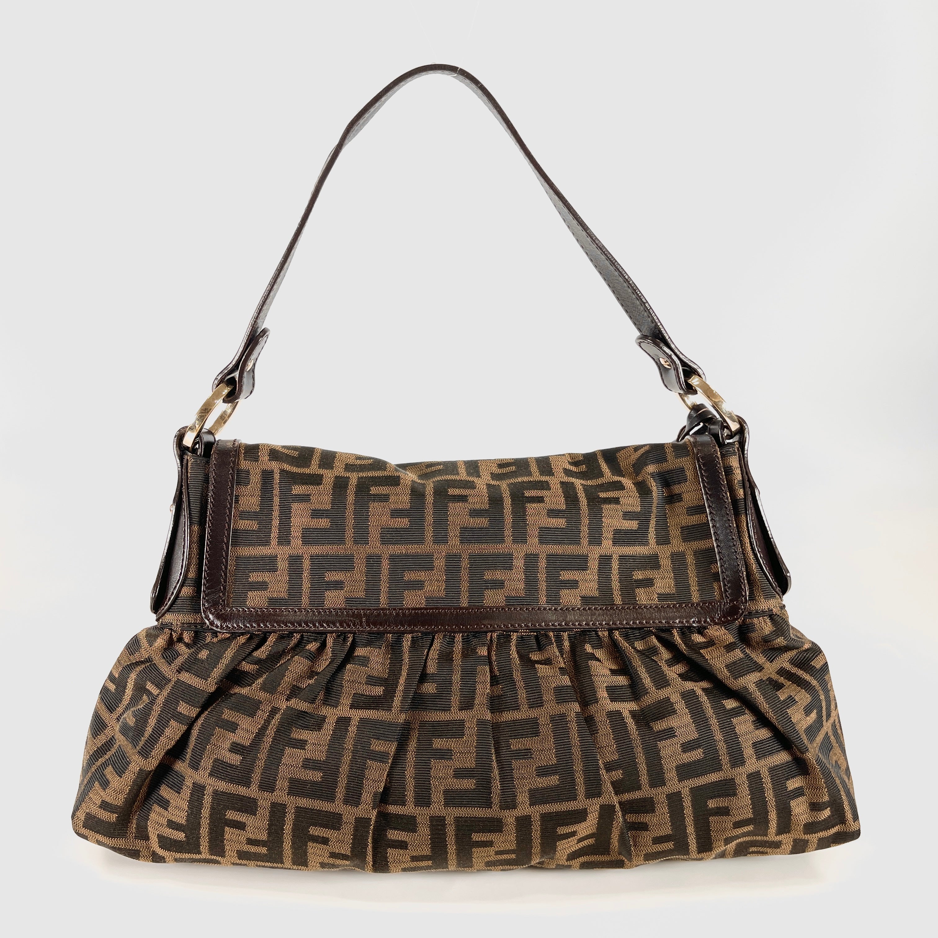 FENDI Zucca Chef Shoulder Bag Brown FF Monogram Canvas Gold Hardware Pleated