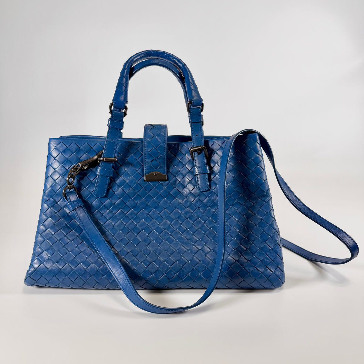 2608 secondhand BOTTEGAVENETA Intrecciato Rome leather 2WAY hand bag blue