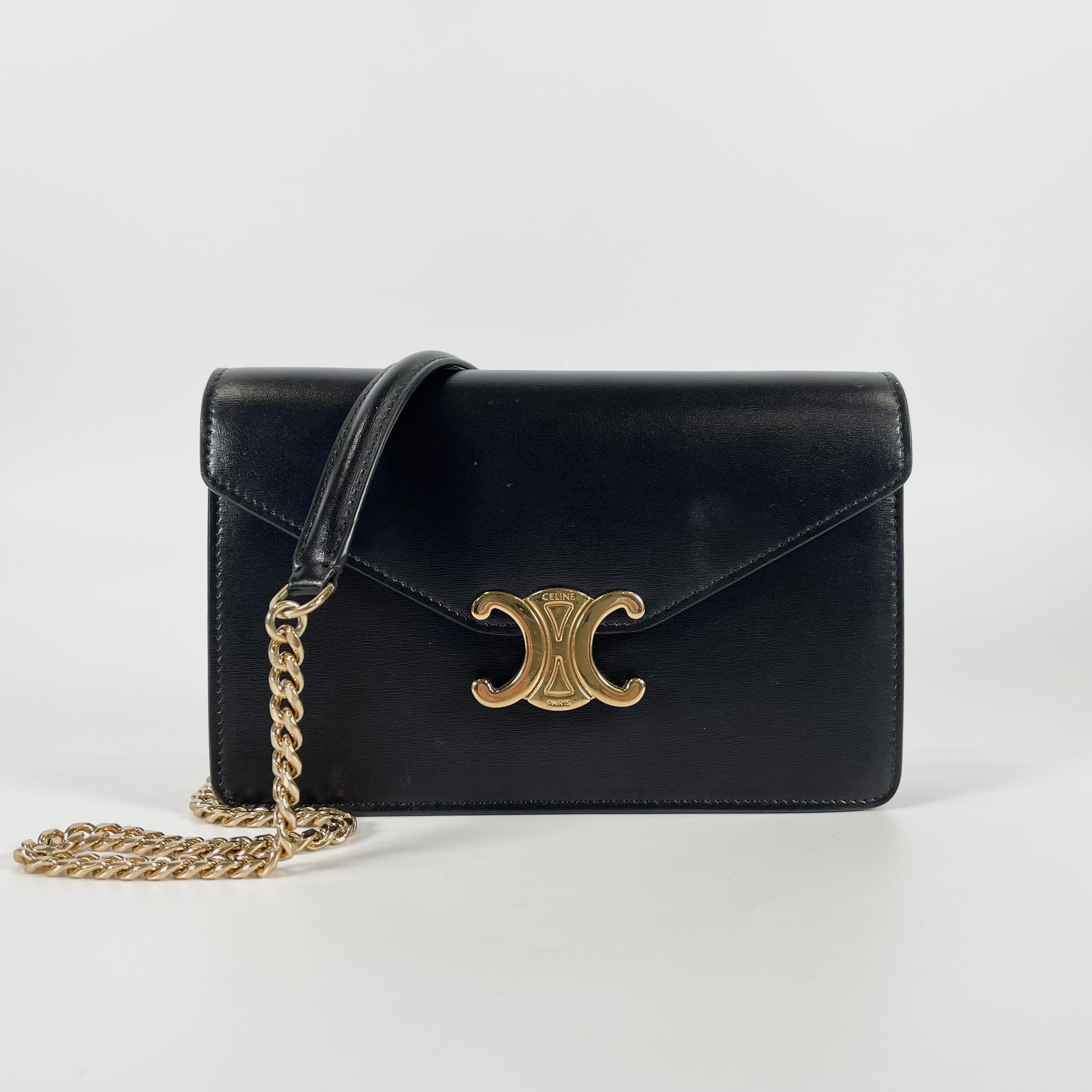 2603 secondhand CELINE Triomphe leather Chain Shoulder Bag black