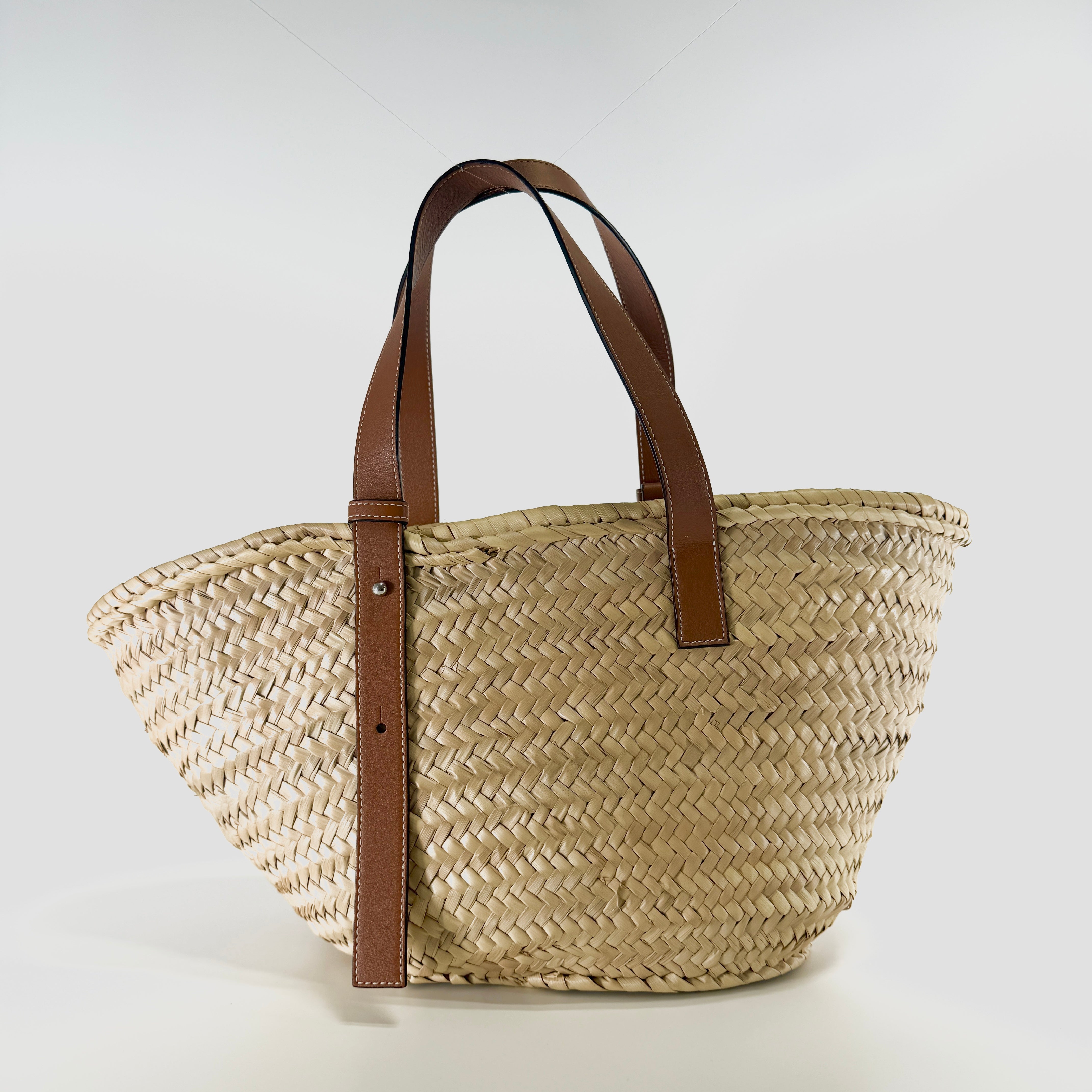 2607 secondhand LOEWE basket medium raffia × leather basket bag beige orange