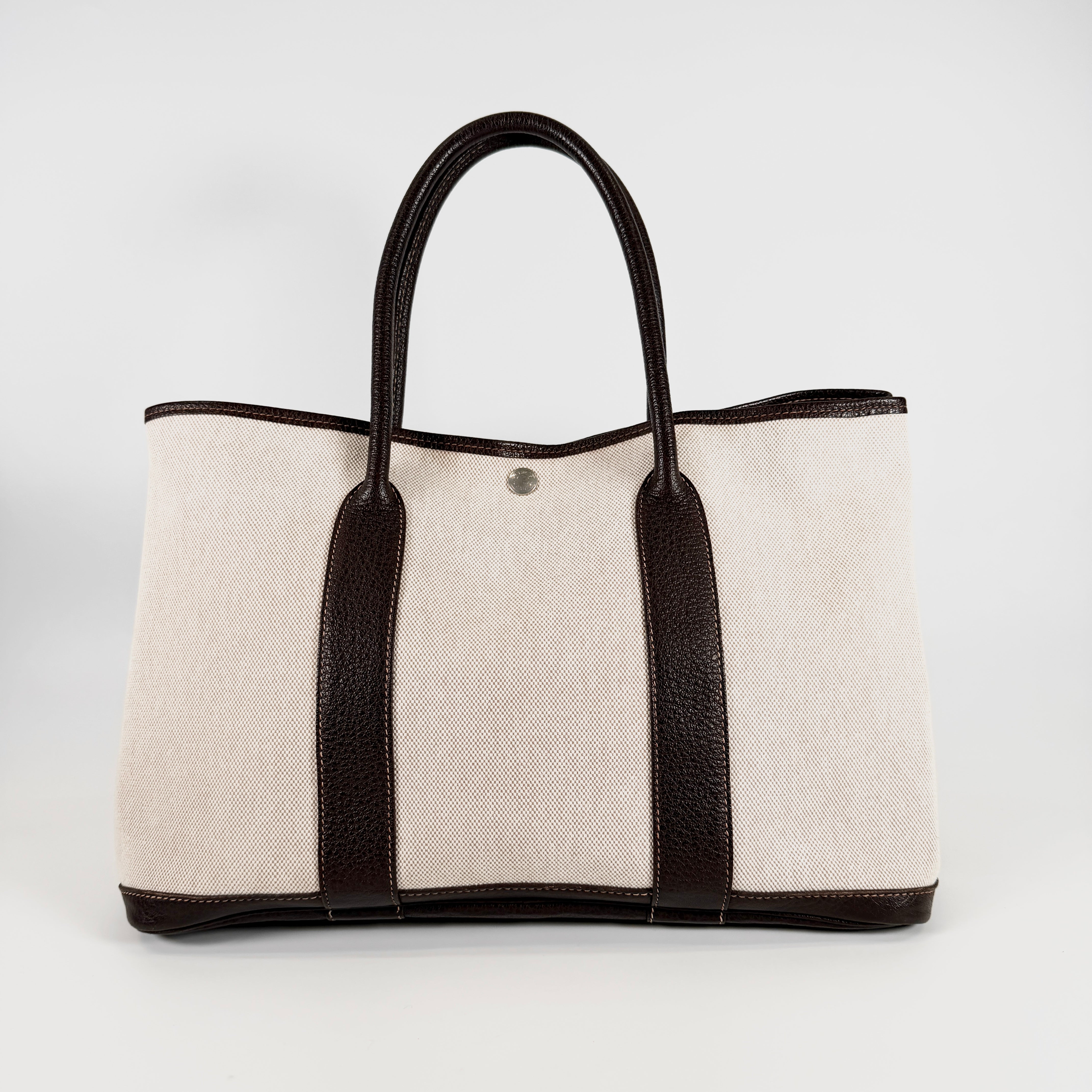 2606 secondhand HERMES Toile H / leather Garden Party PM Brown □G time Silver metal fittings