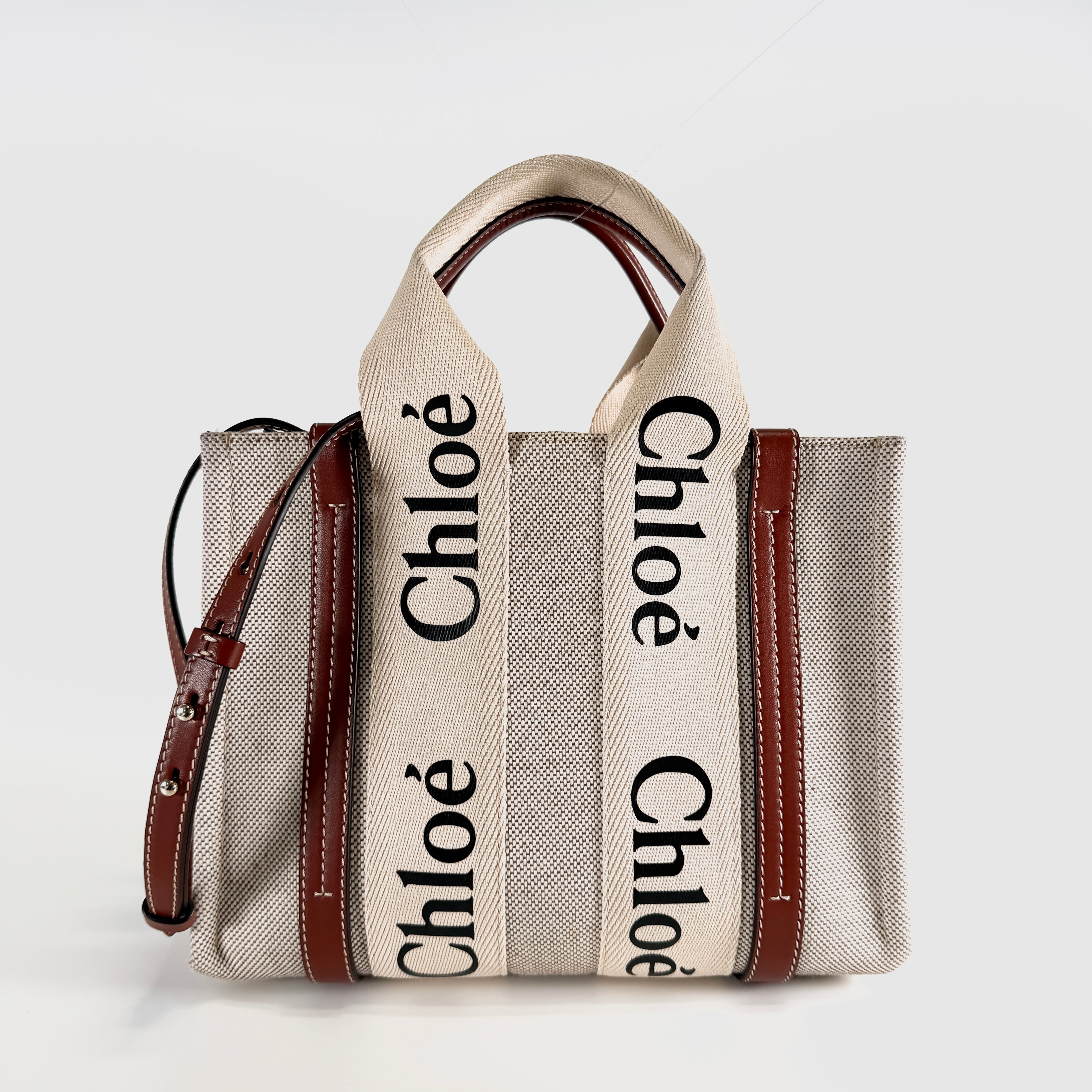 2607 secondhand Chloe Woody Small canvas × leather 2WAY hand bag beige Brown