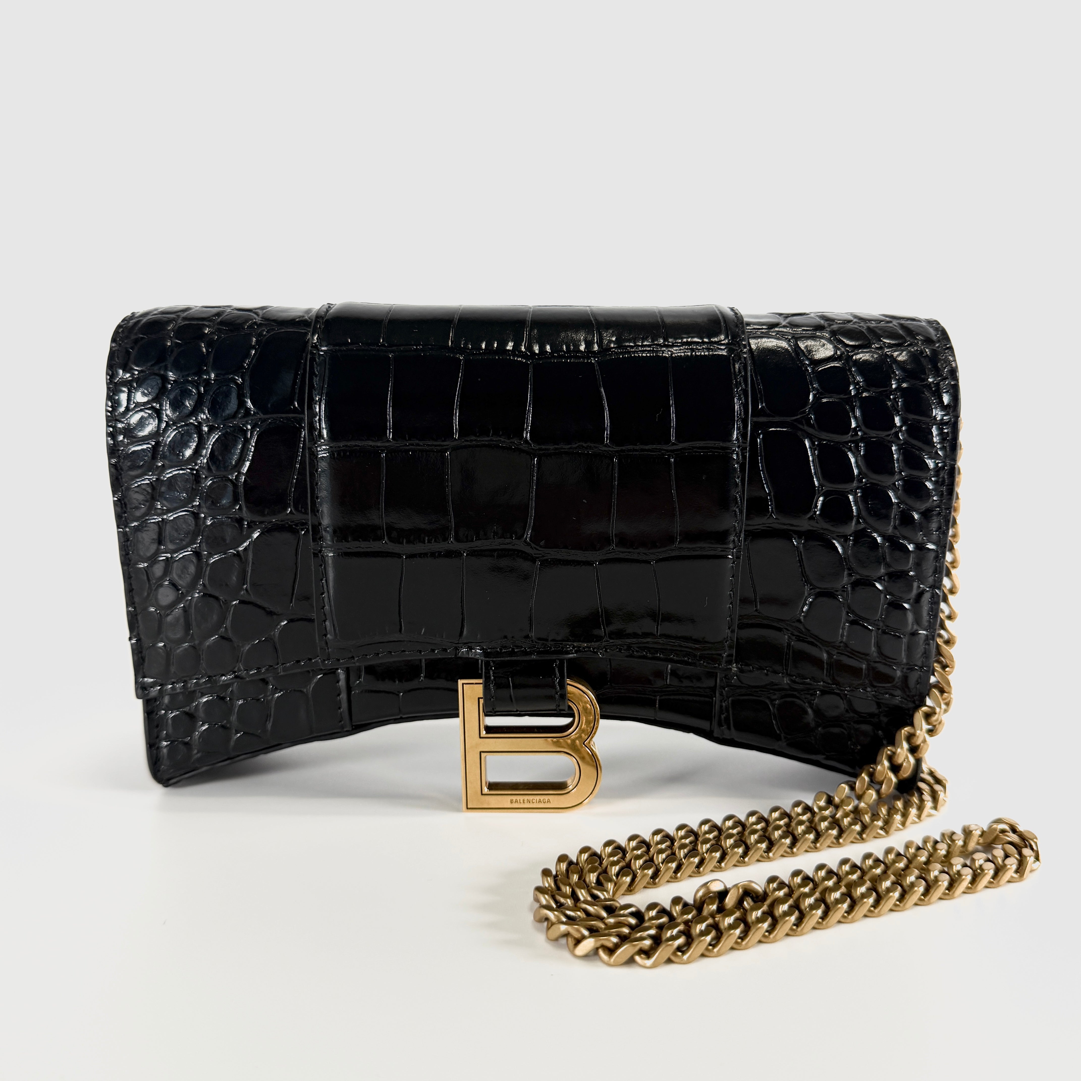 2607 secondhand BALENCIAGA Hourglass Crocodile Embossed Chain Wallet black 656050