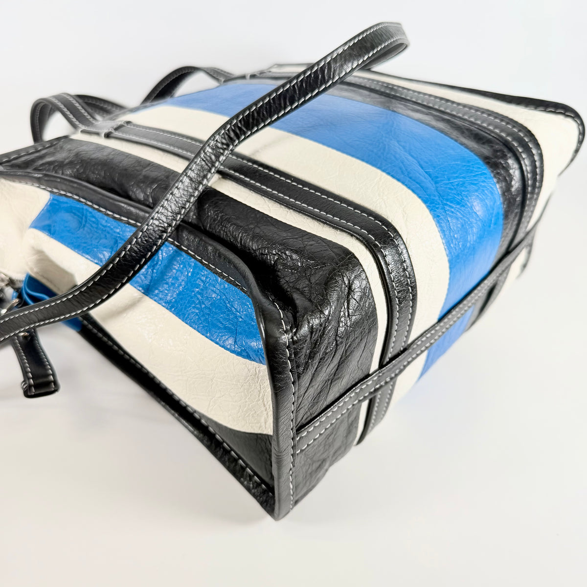 2608 secondhand BALENCIAGA Bazaar 2WAY Shopper leather white blue black