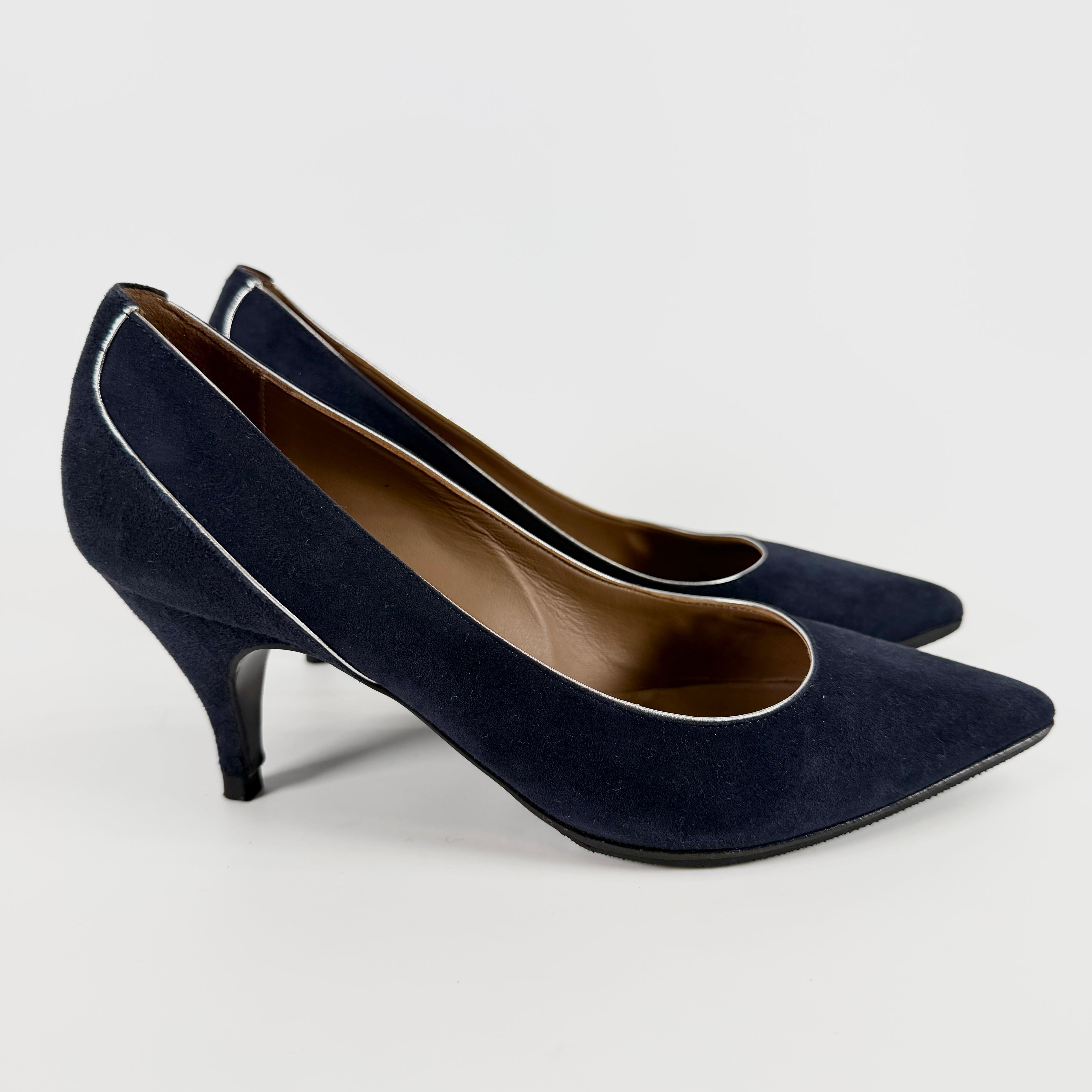 2605 secondhand HERMES leather × suede pumps 35.5 Women's Navy Silver