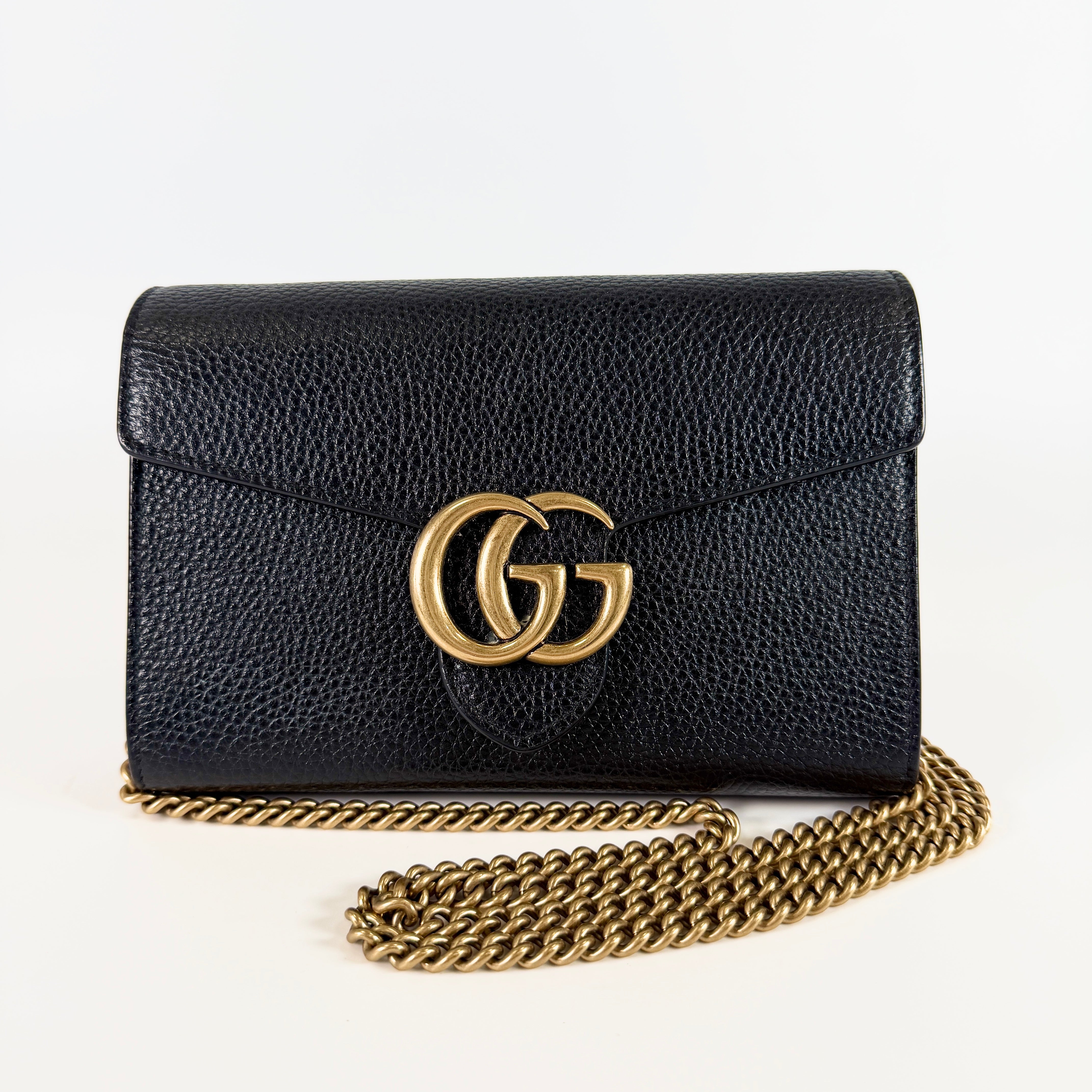 2606 secondhand GUCCI GG Marmont leather Chain Wallet black 779777 Outlet mark