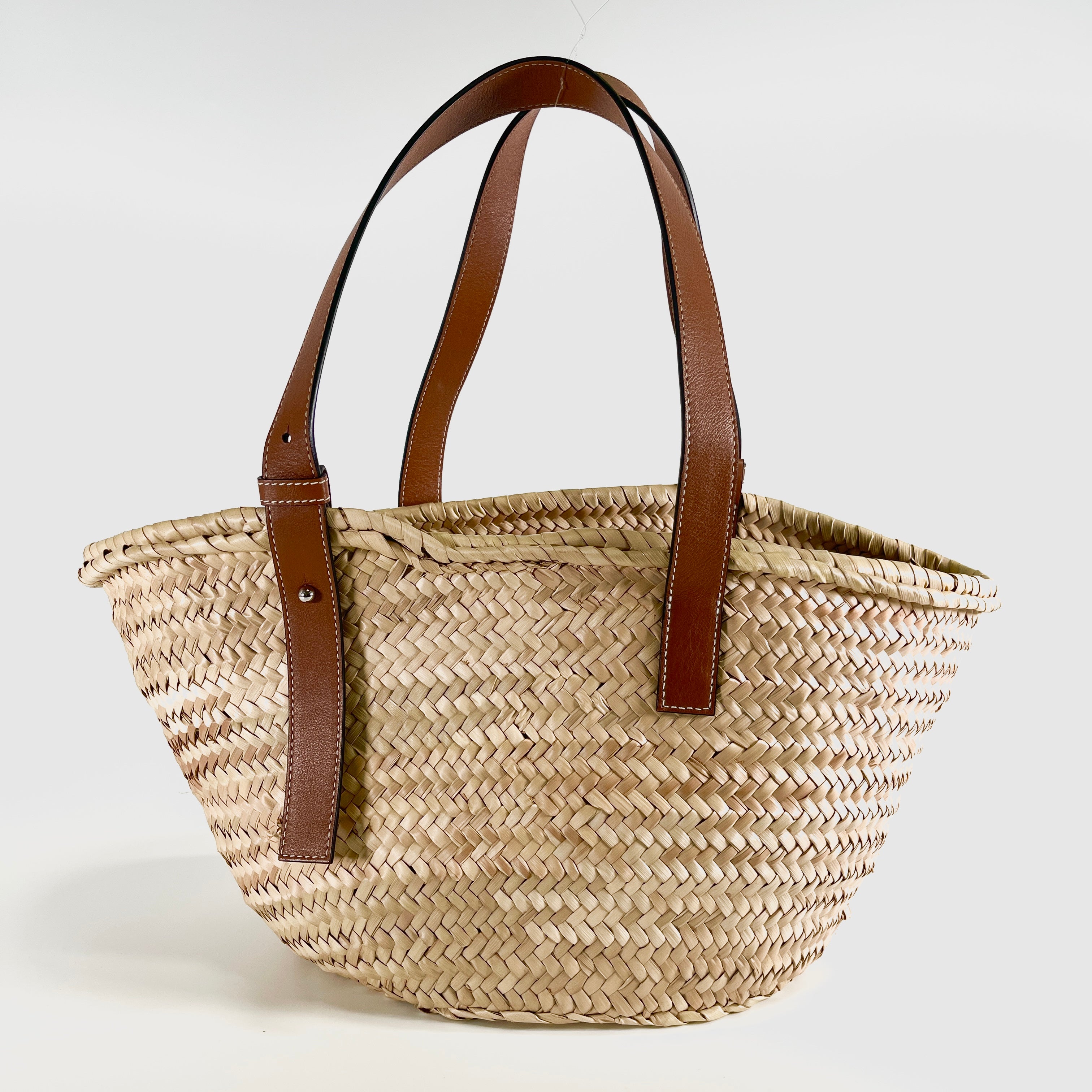 2605 secondhand LOEWE Large Basket raffia x leather basket bag beige Brown