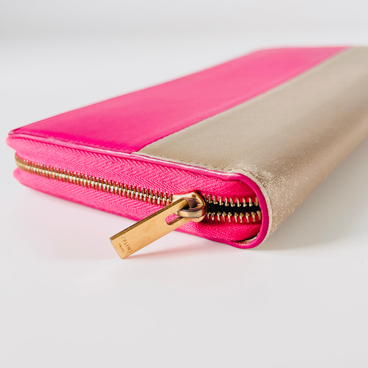 2605 secondhand CELINE leather Long Wallet pink Greige