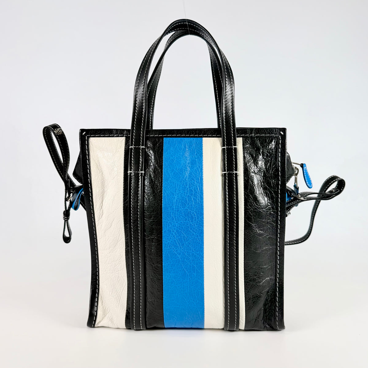 2608 secondhand BALENCIAGA Bazaar 2WAY Shopper leather white blue black
