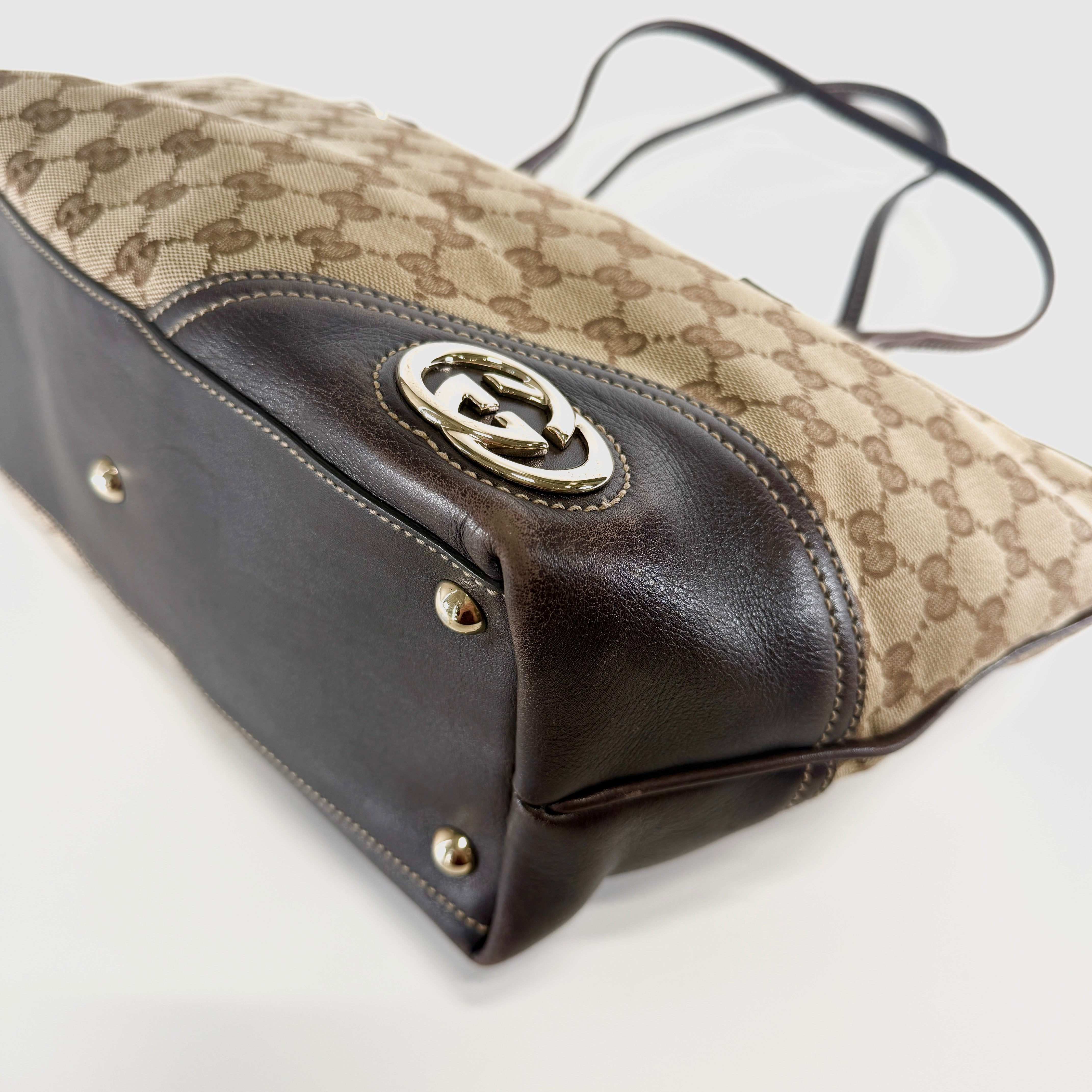 2606 secondhand GUCCI GG canvas canvas × leather Tote Bag beige Brown 169946