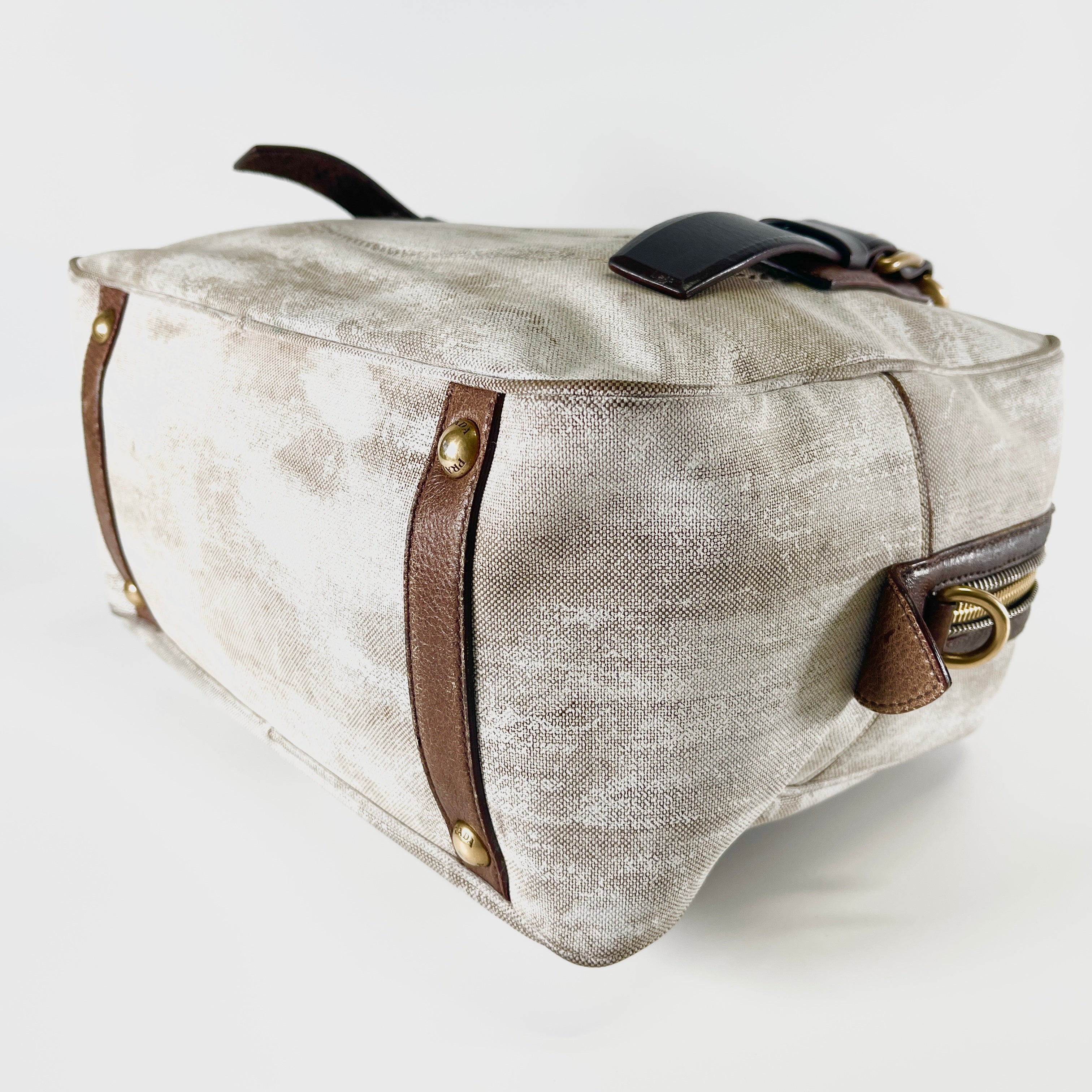 2604 secondhand PRADA Boston bag canvas white Brown