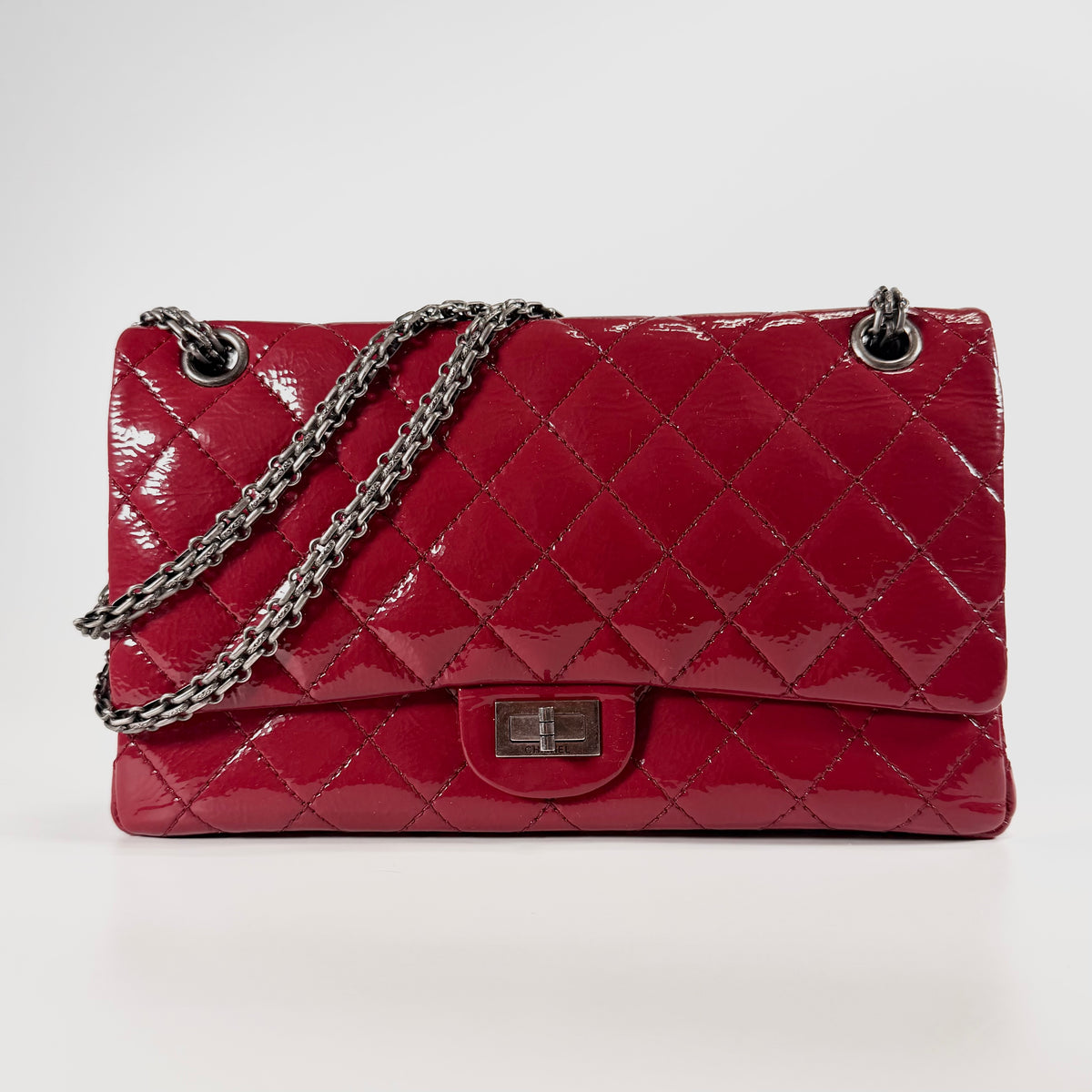 2608 secondhand CHANEL Matelasse 2.55 Large Patent Leather Double Flap double Chain Bag Red gun metallic metal fittings 14201005 14 A37587