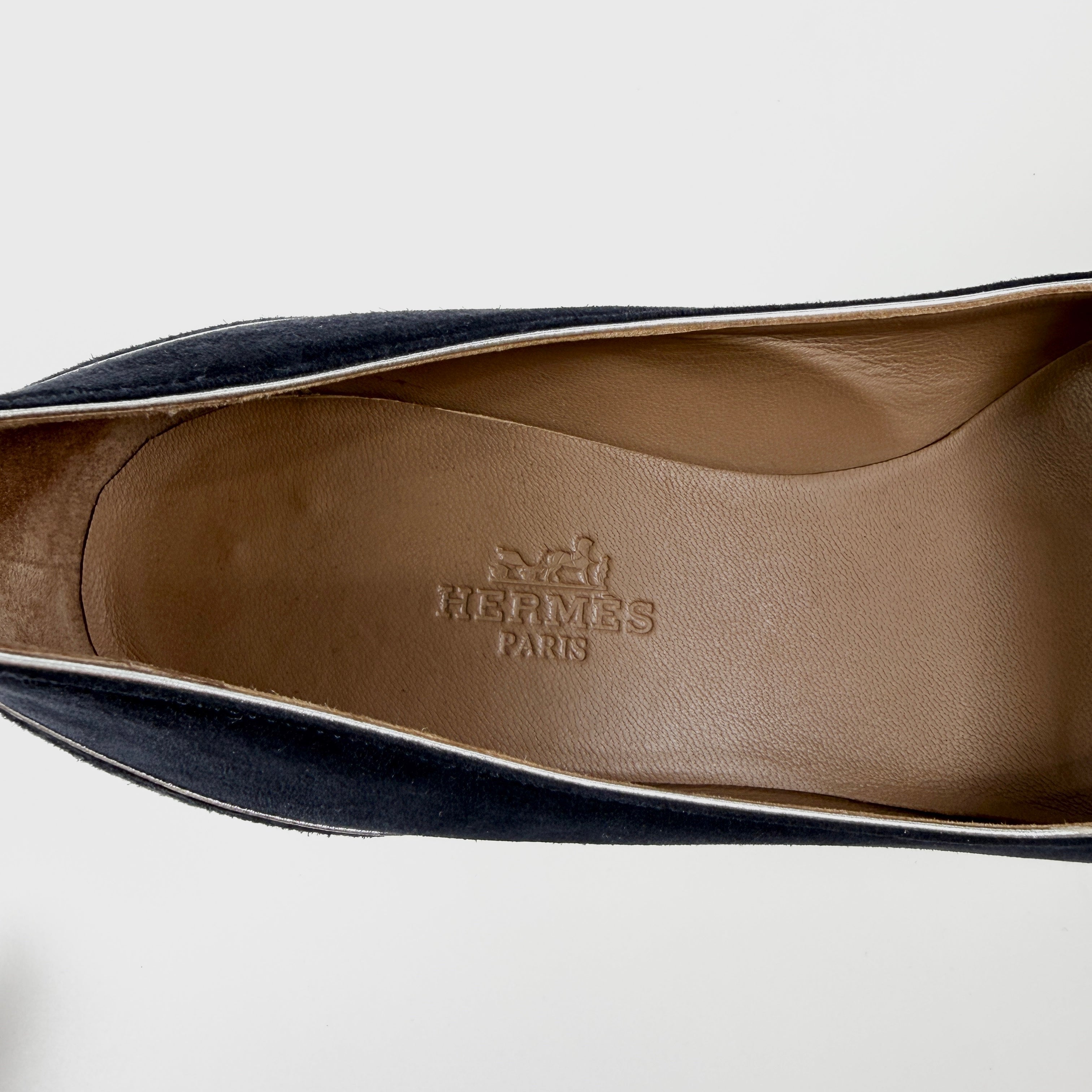 2605 secondhand HERMES leather × suede pumps 35.5 Women's Navy Silver