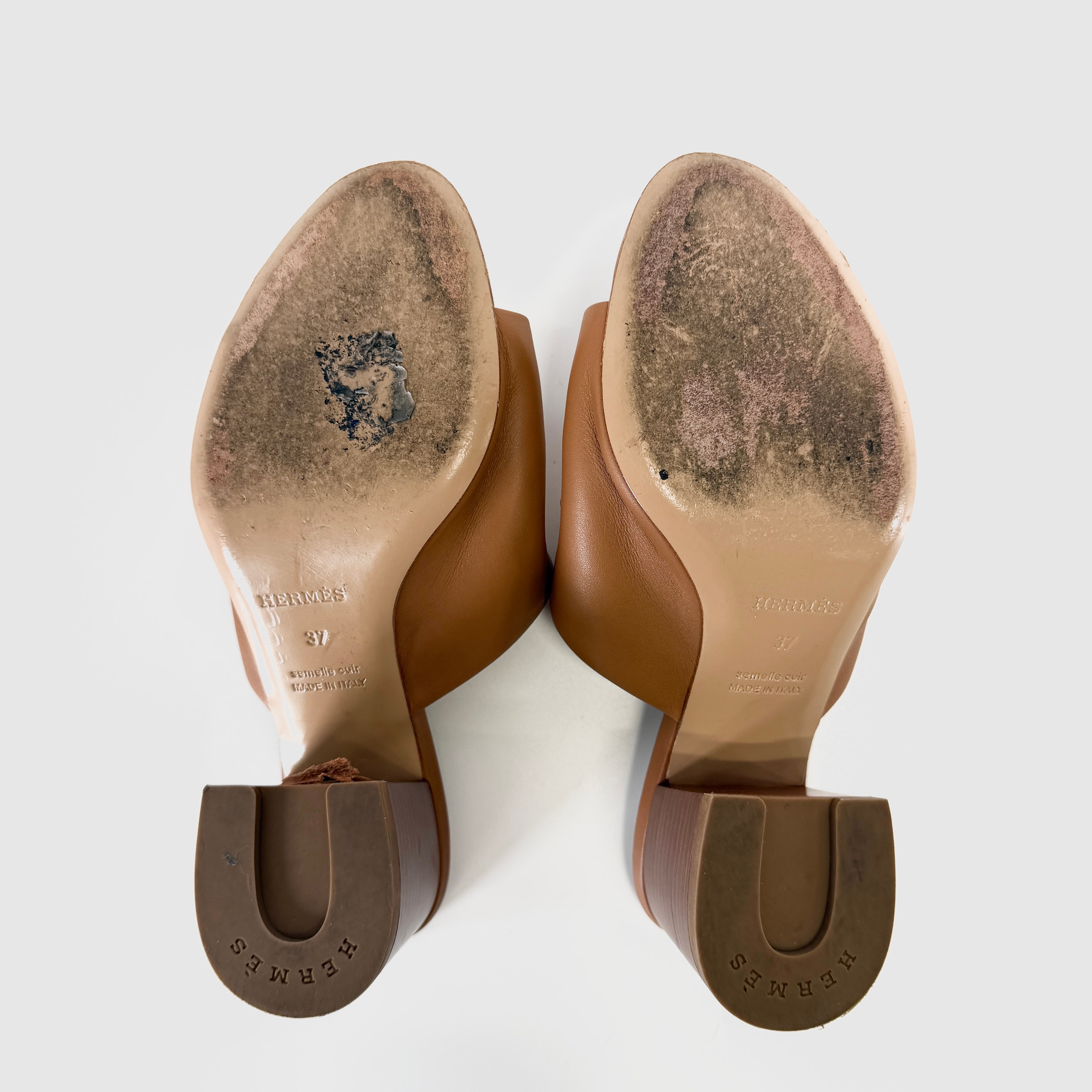 2607 secondhand HERMES Mira leather Sandals 37 Women's Brown CM211043Z buckle heel Torn