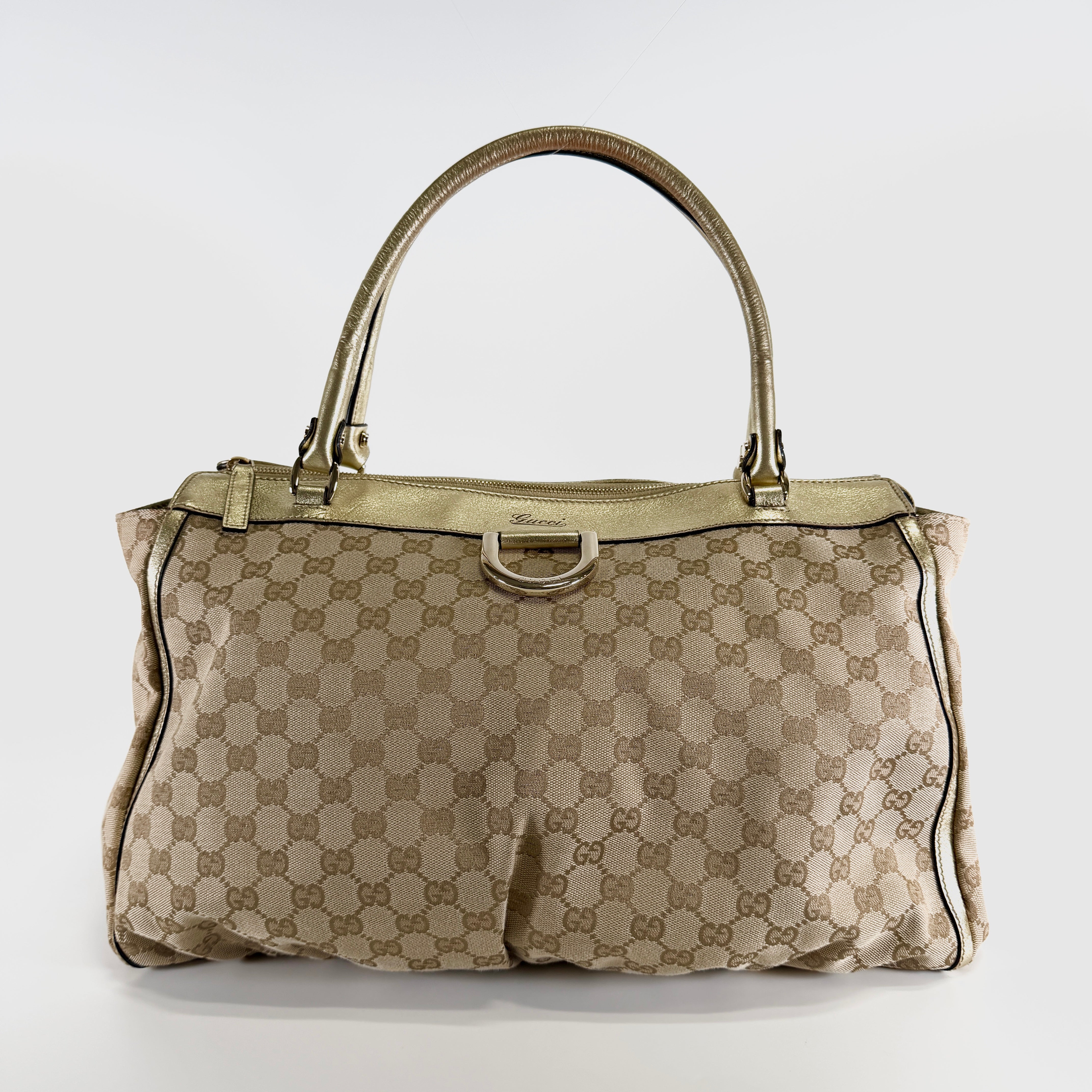 2606 secondhand GUCCI GG canvas Abby leather Tote Bag beige gold