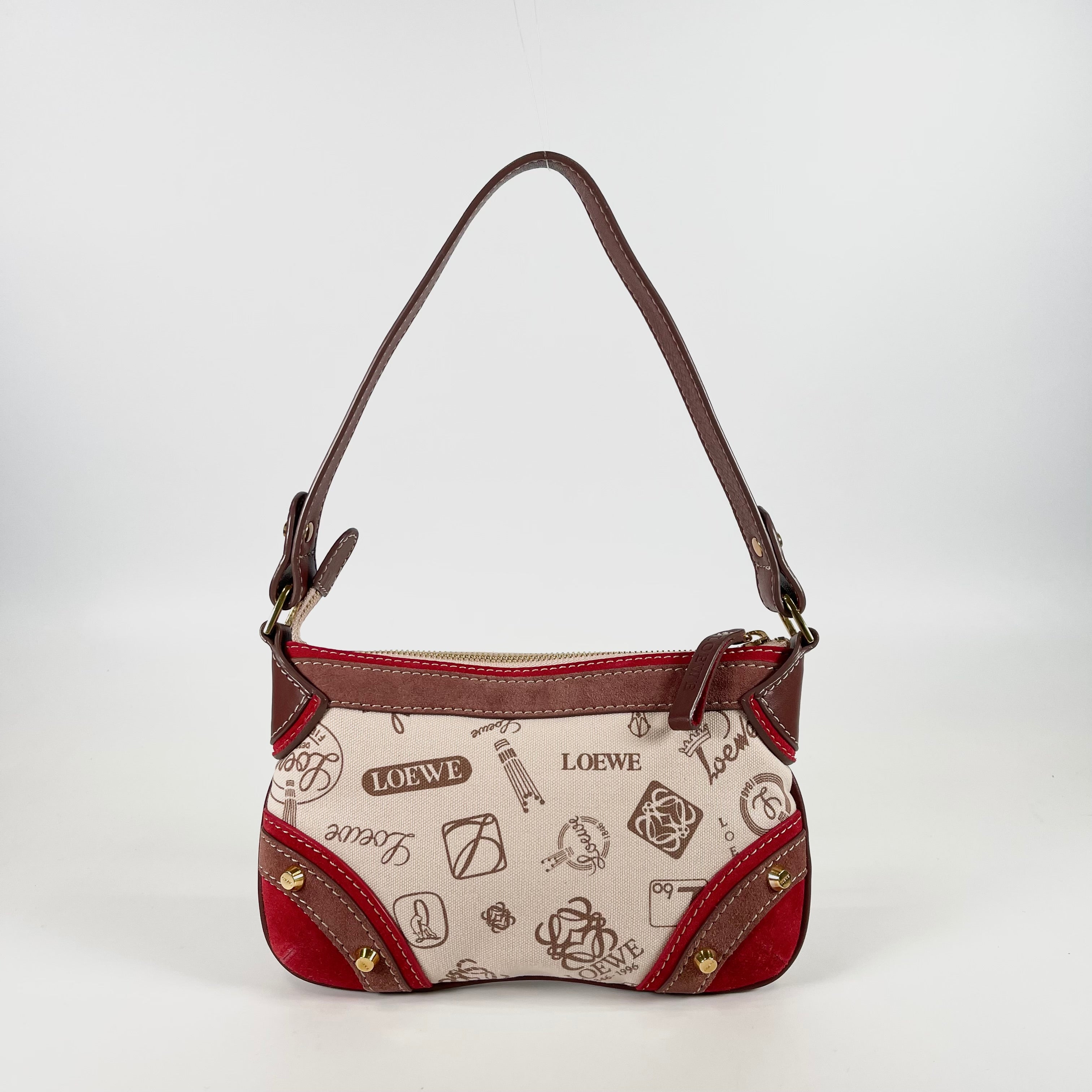 2602 secondhand LOEWE canvas x suede leather hand bag beige Red Brown 160 year
