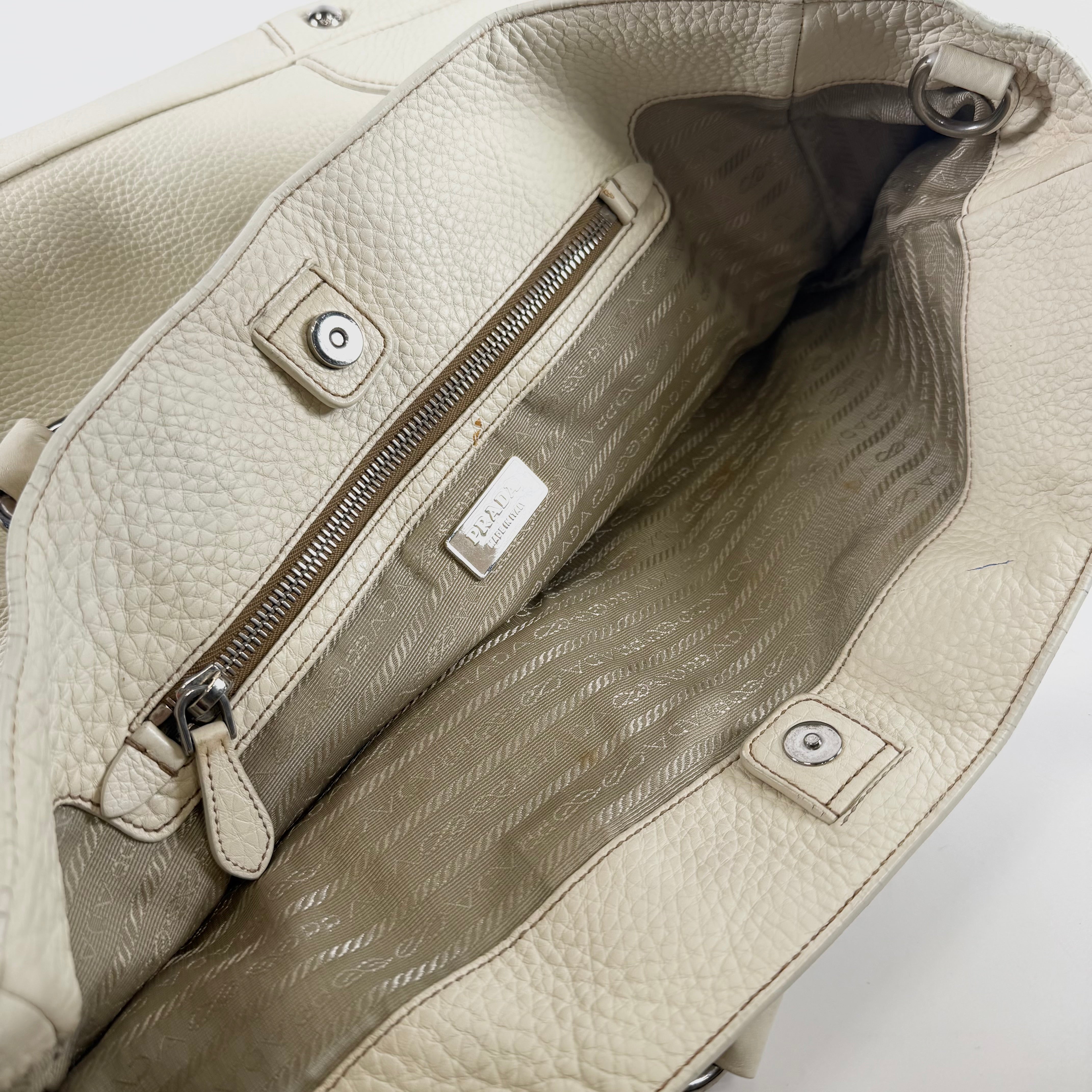 2608 secondhand PRADA Tote Bag leather ivory shoulder strap / Name tag B