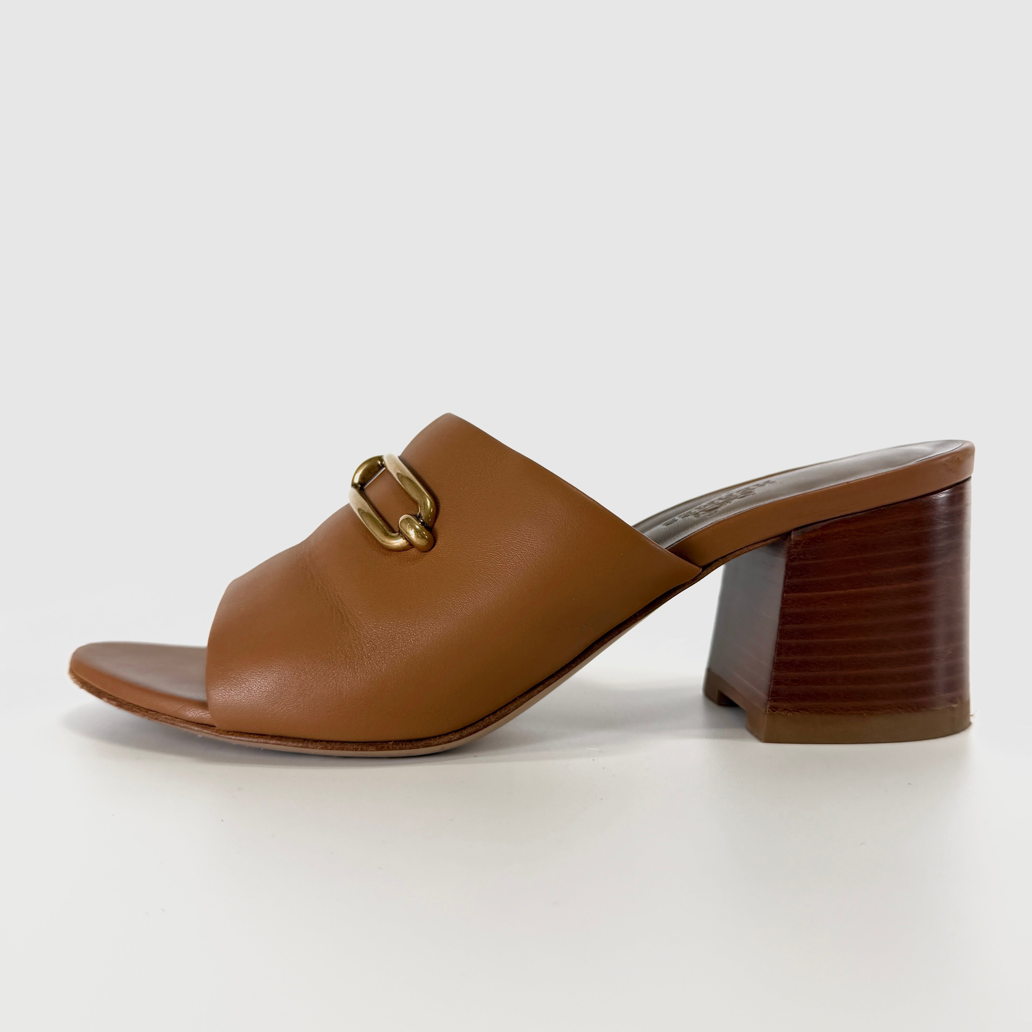 2607 secondhand HERMES Mira leather Sandals 37 Women's Brown CM211043Z buckle heel Torn