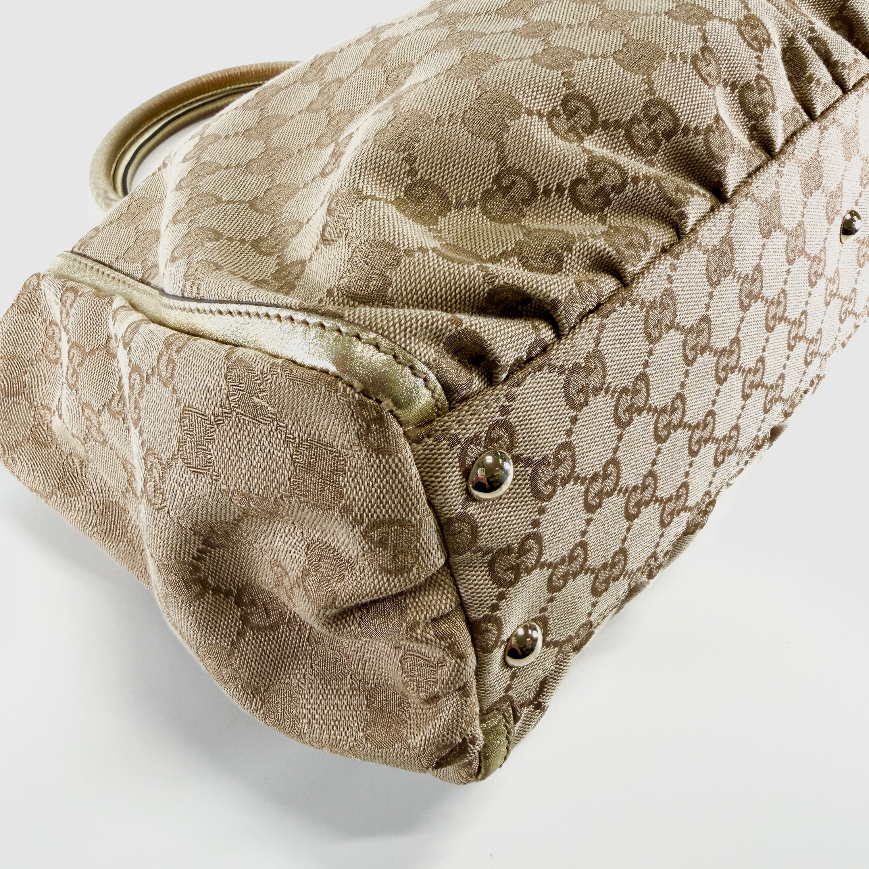2606 secondhand GUCCI GG canvas Abby leather Tote Bag beige gold
