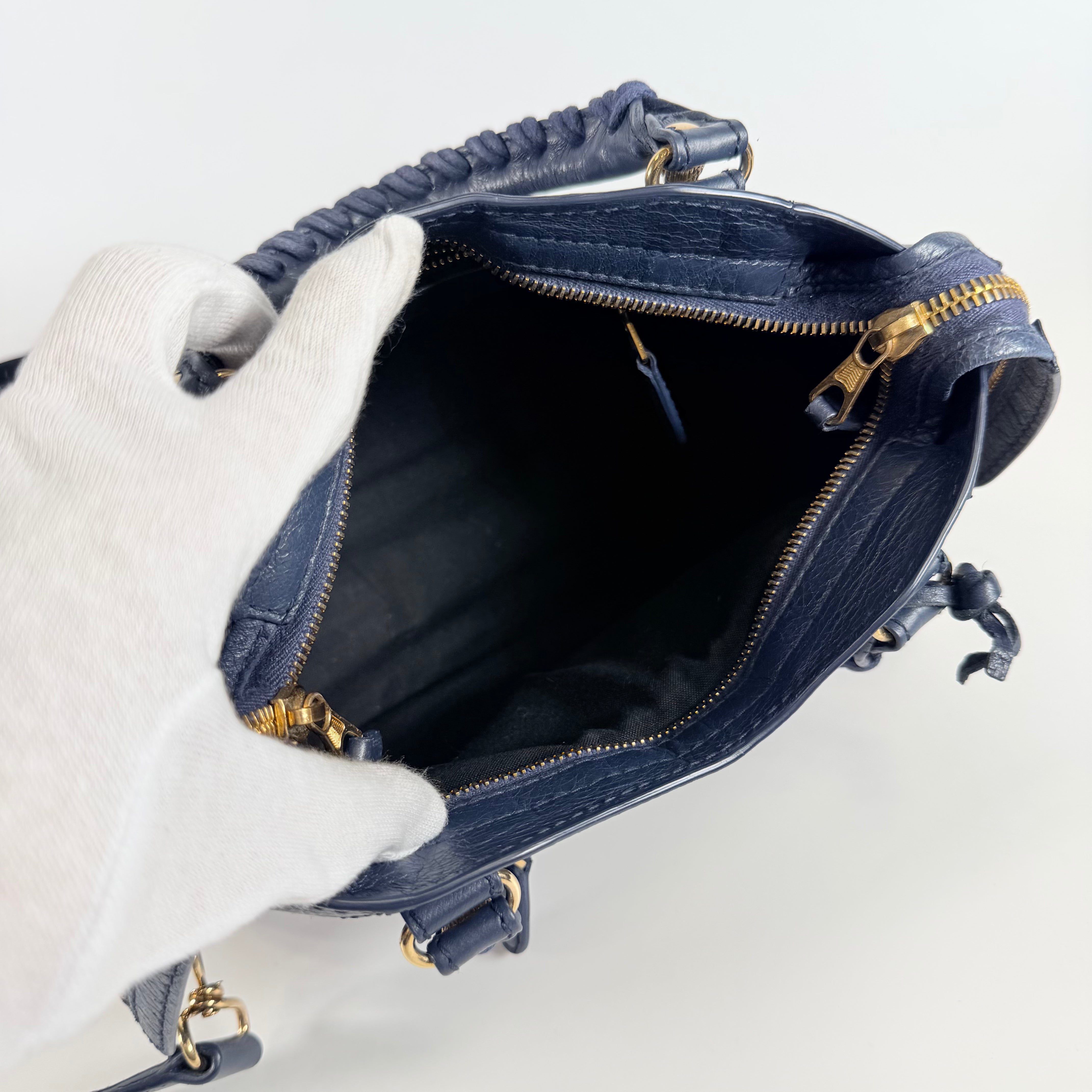 2608 secondhand BALENCIAGA Giant mini City leather 2WAY hand bag Navy 309544 mirror With
