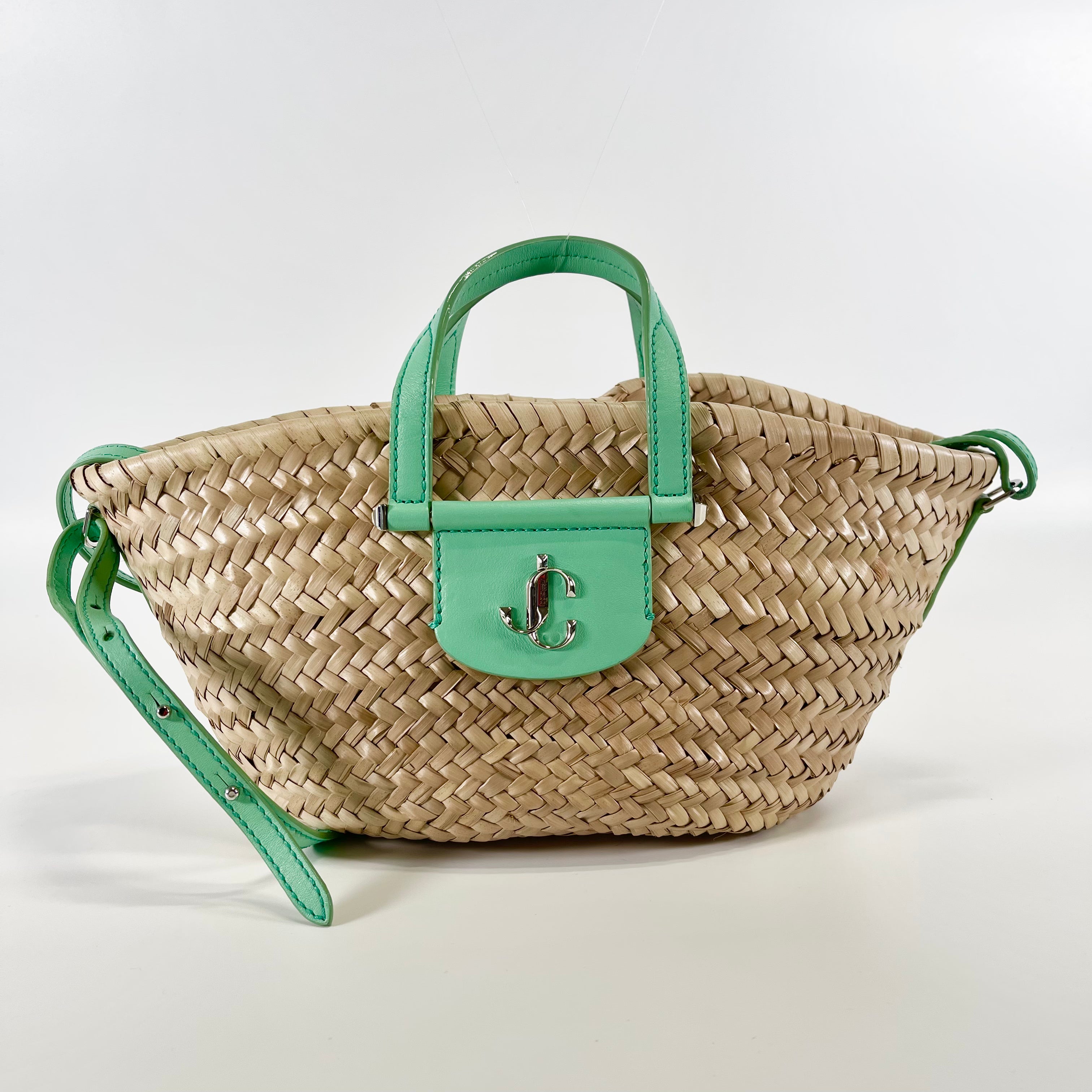 2602 secondhand JIMMYCHOO raffia x leather basket bag beige green