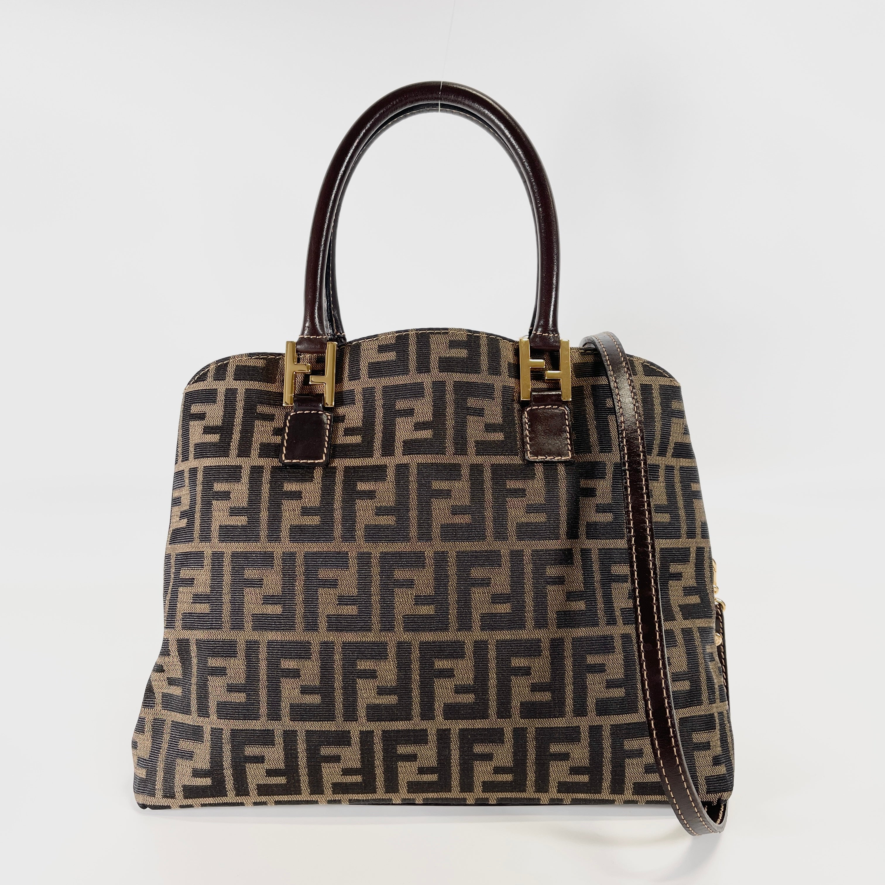 2603 secondhand FENDI Zucca canvas x leather 2WAY hand bag Brown